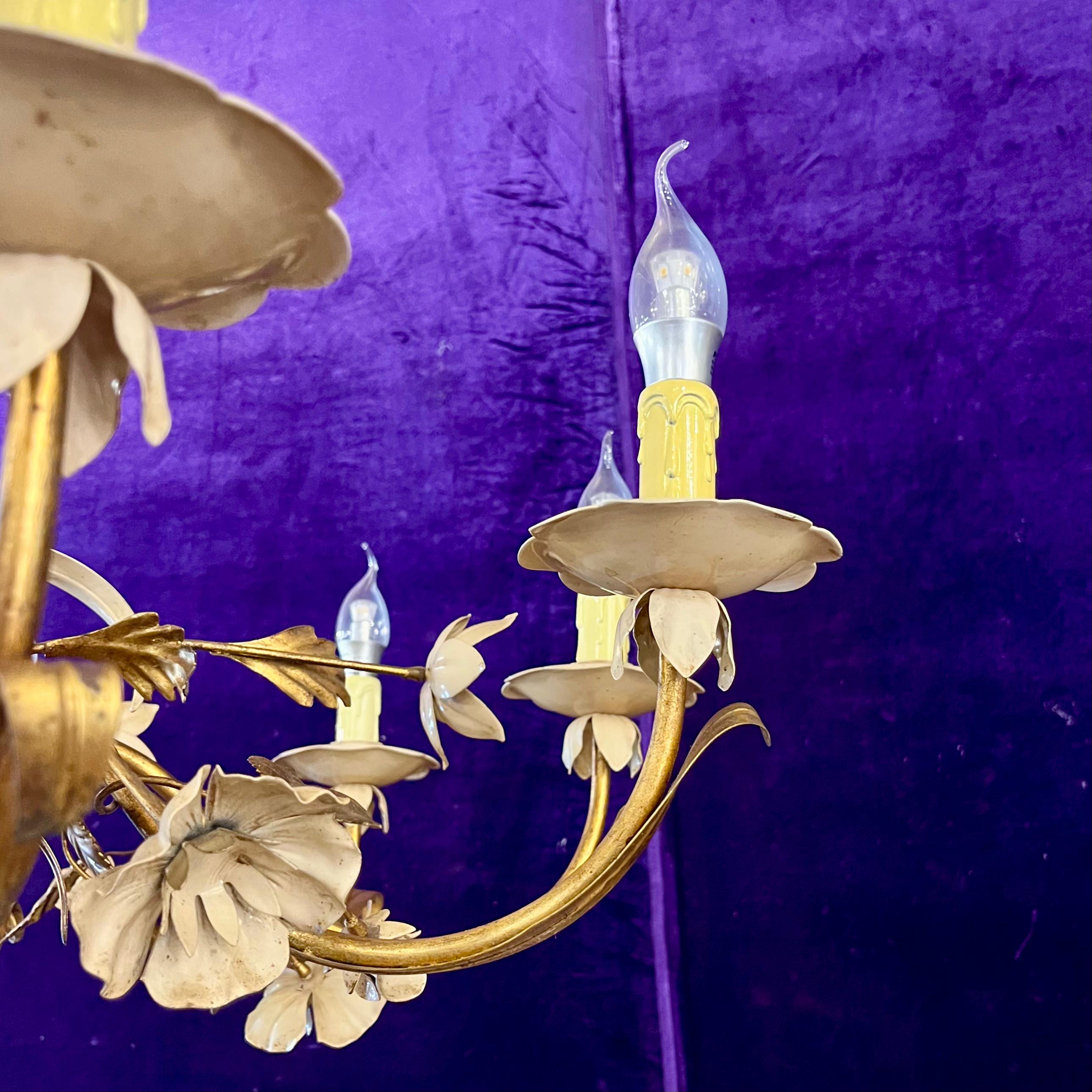 Italian Gilt Tôle and Painted Floral Chandelier, Mid-20th Century