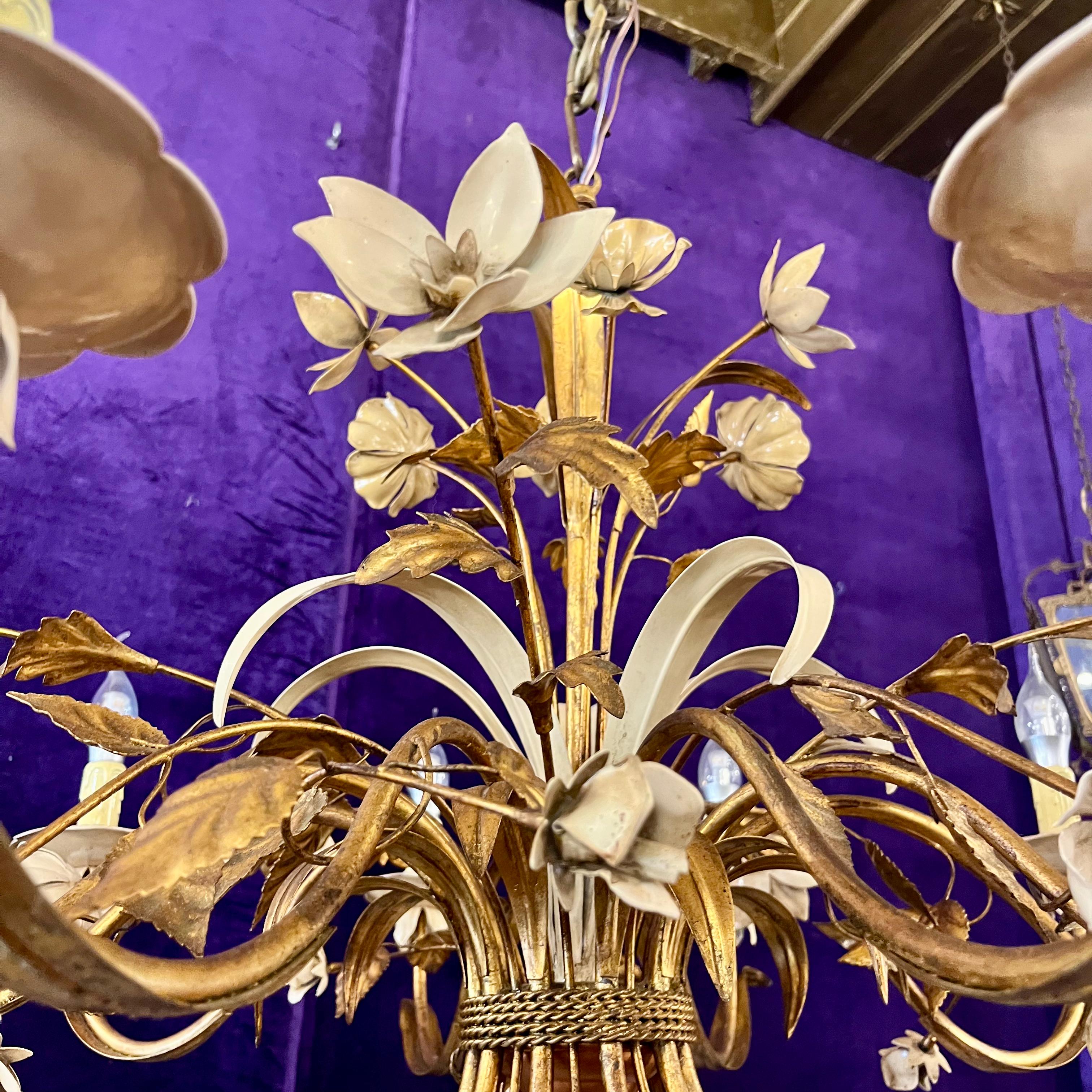 Italian Gilt Tôle and Painted Floral Chandelier, Mid-20th Century