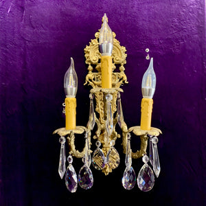 Antique Three arm Brass and Crystal Wall Sconce