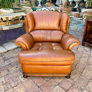 Pair of Stylish Tan Leather Wingback Armchairs