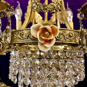 Gorgeous Antique Silver Chandelier with Original Crystals and Porcelain Flowers