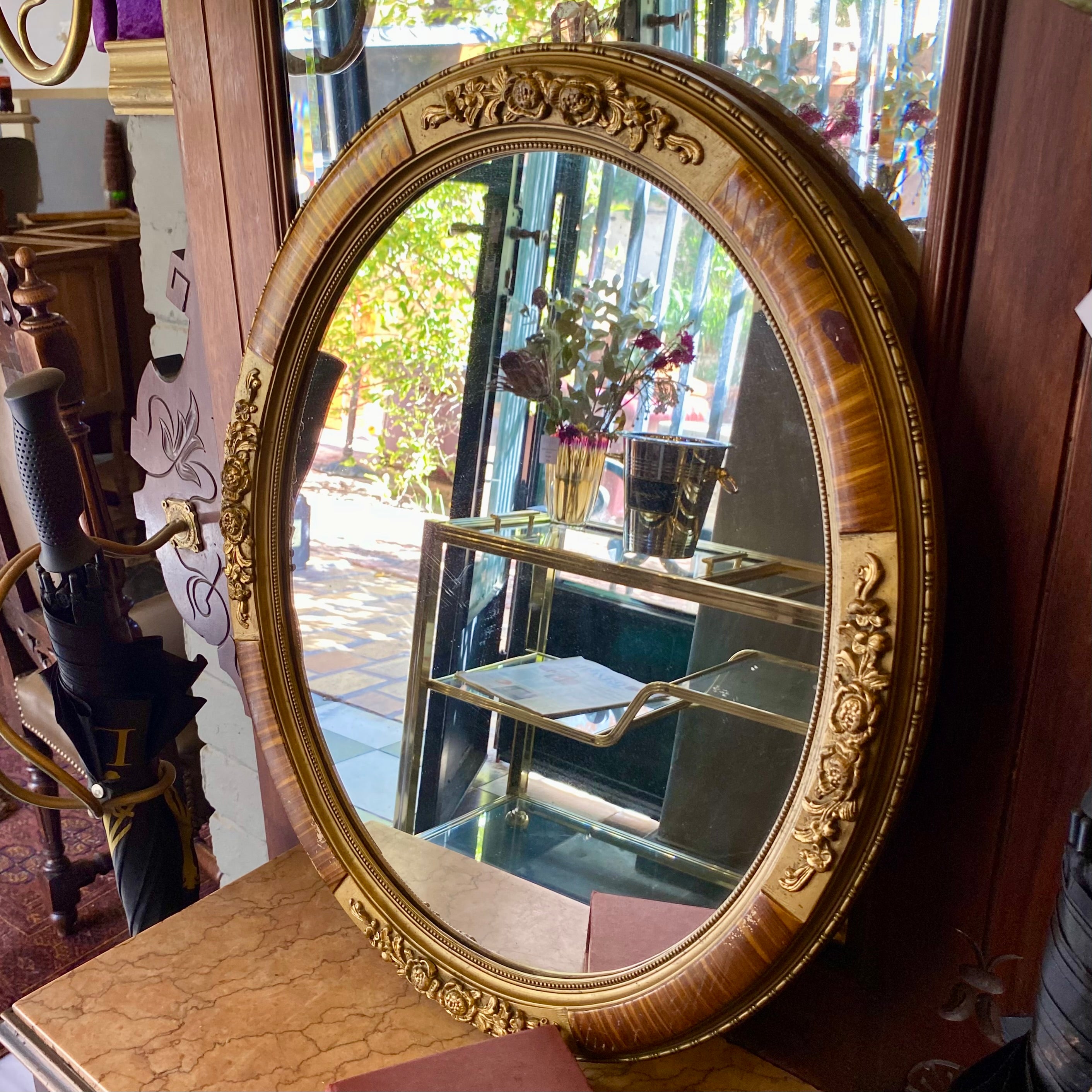 Antique Oval Oak and Gilt Gold Mirror - SOLD