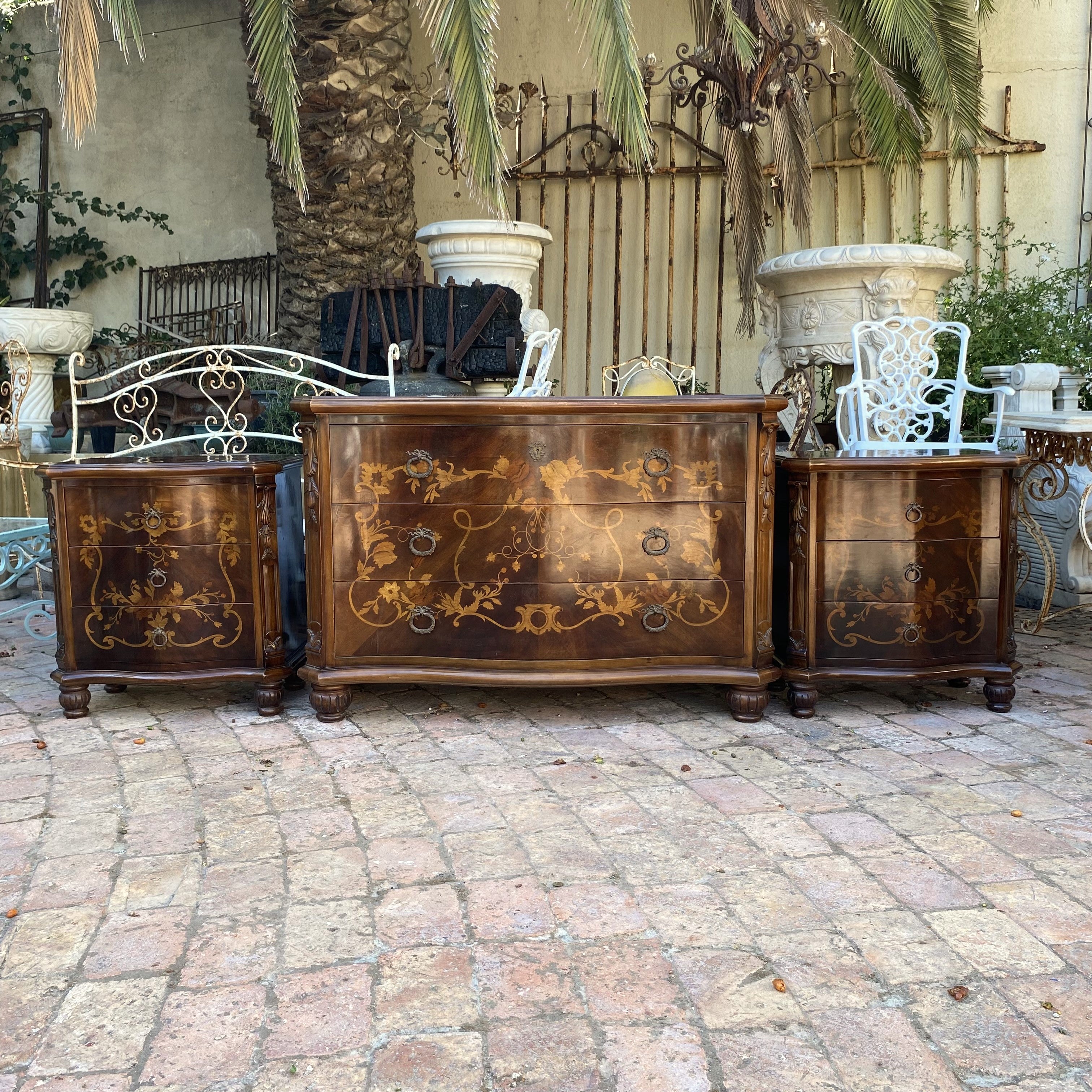 Beautiful Italian Inlay Commode and Pedestals