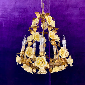 Beautiful Antique Porcelain Flower Brass Cage Chandelier