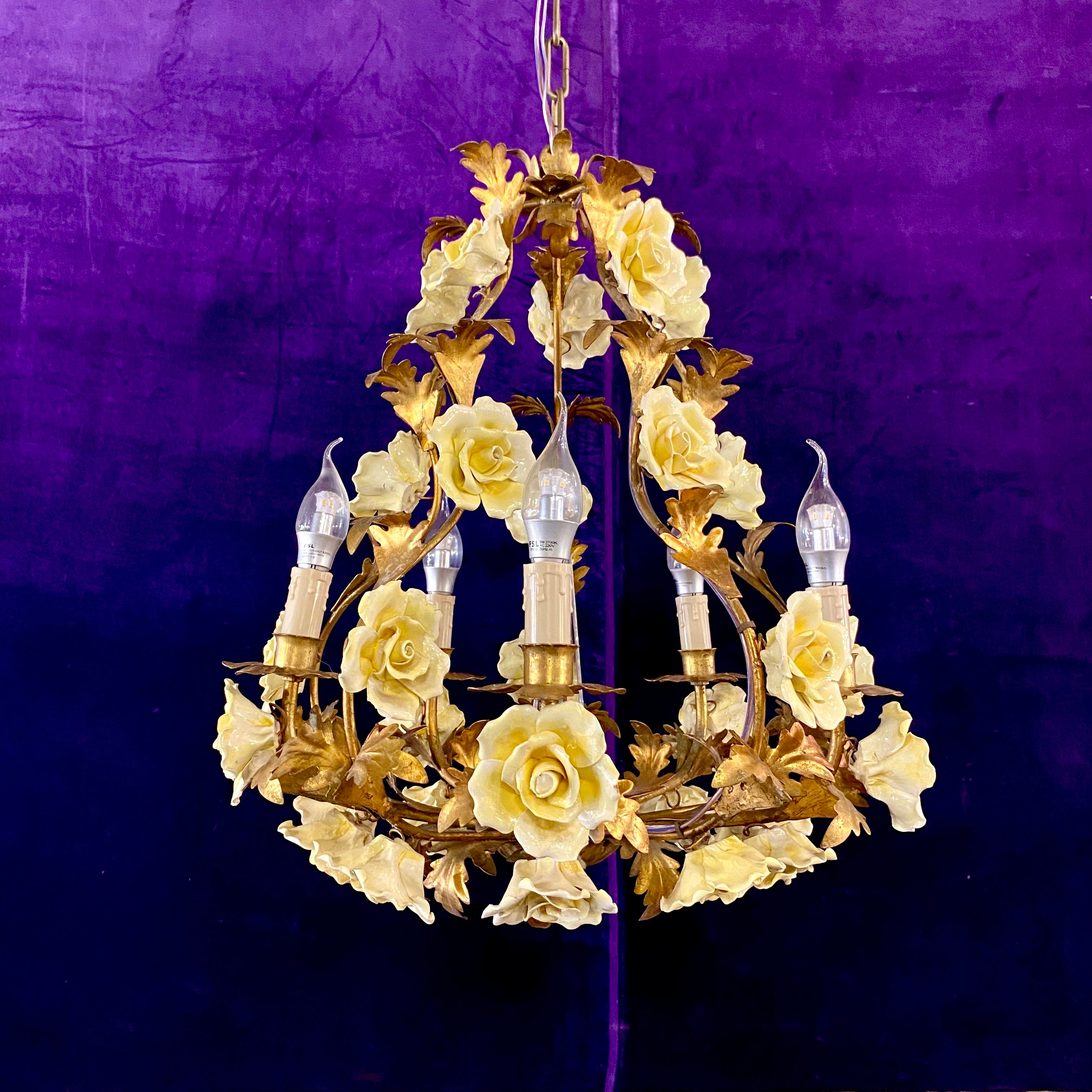 Beautiful Antique Porcelain Flower Brass Cage Chandelier