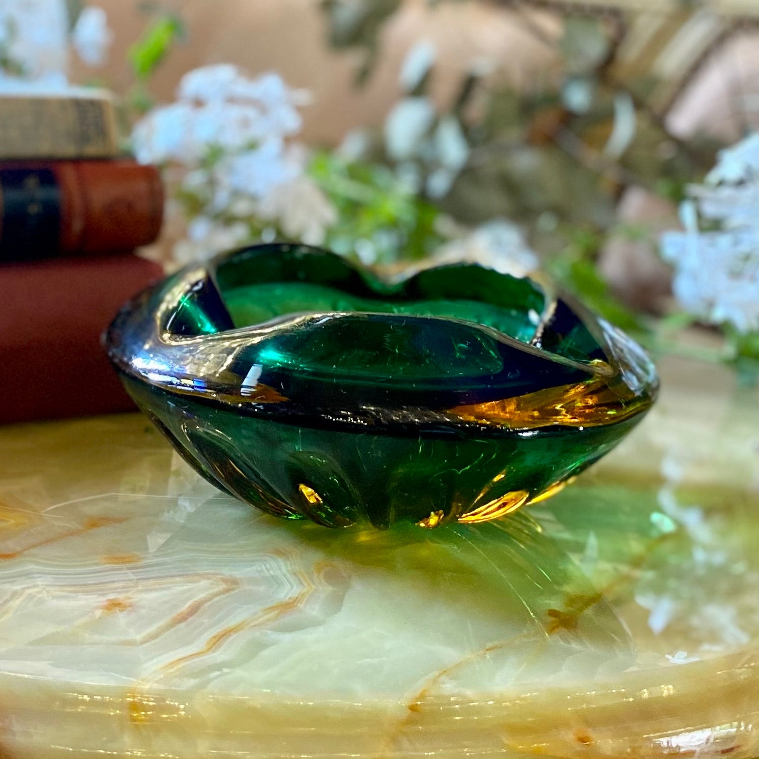 Vintage Emerald and Amber Murano Ashtray - SOLD