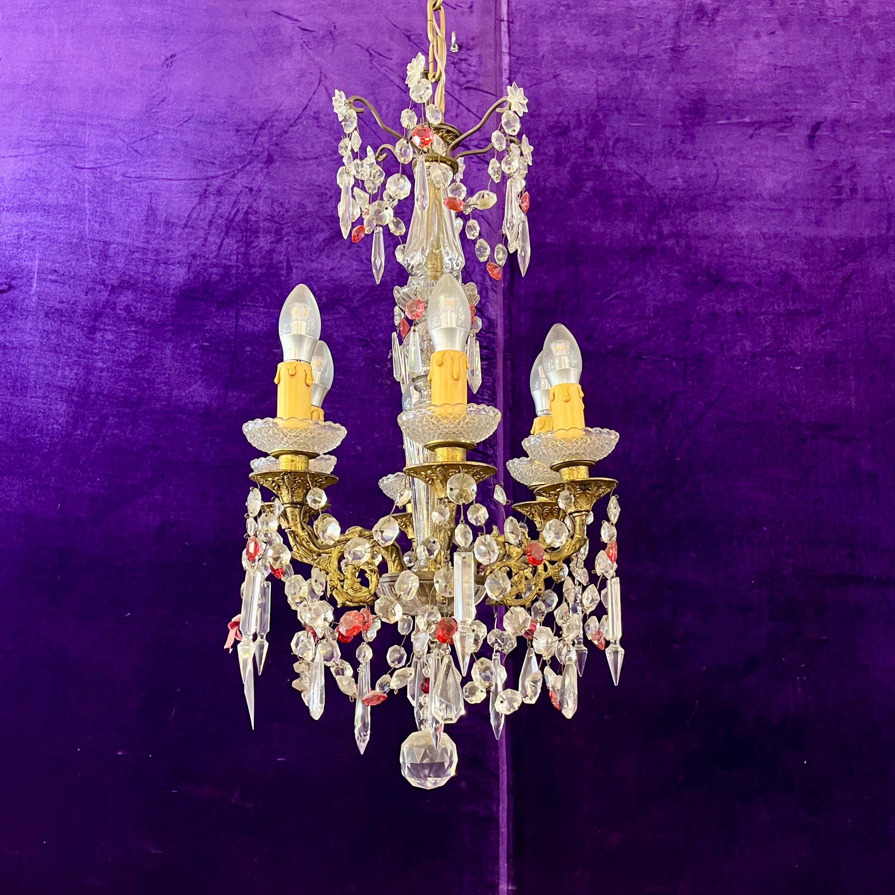 Antique Italian Brass Chandelier with Original Crystals