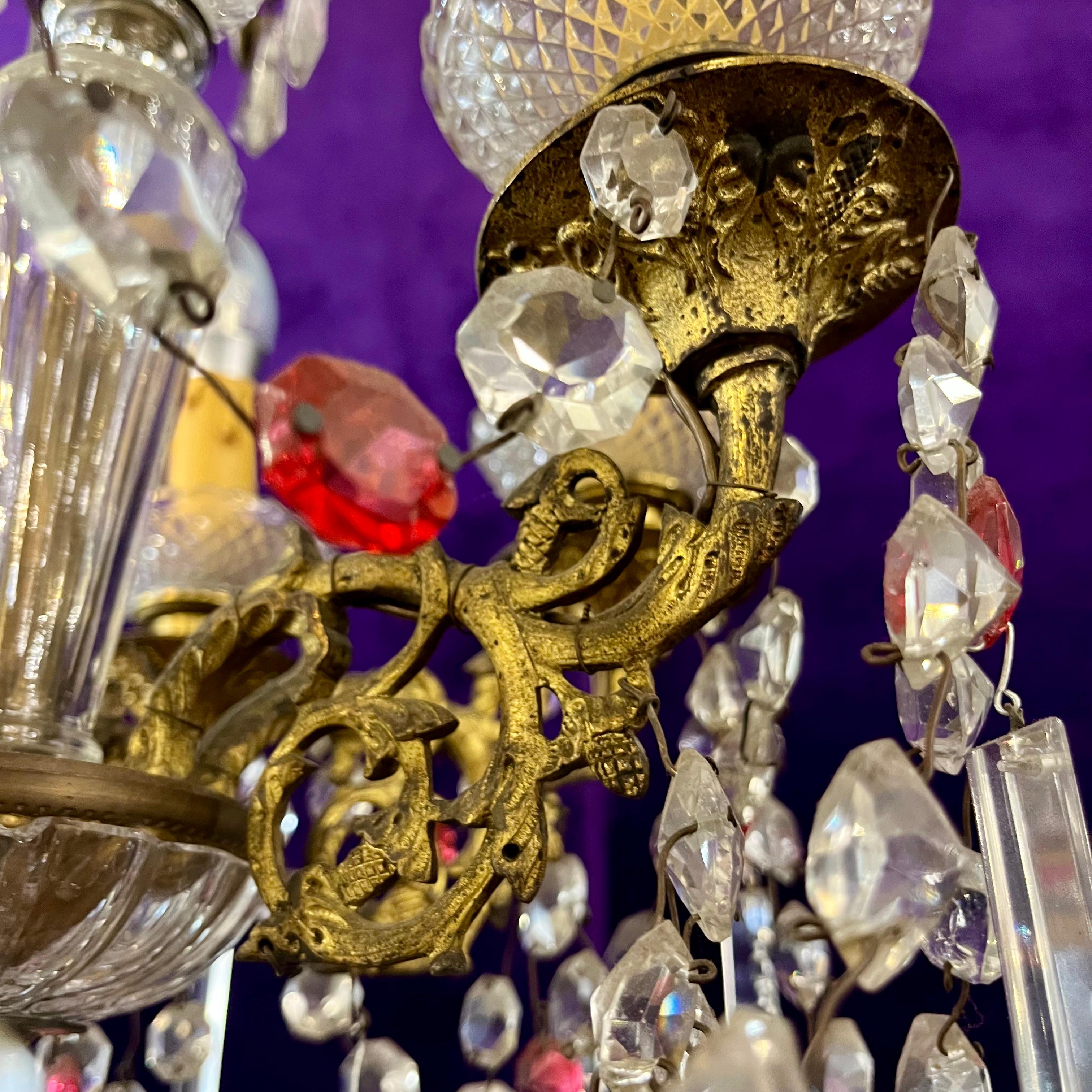 Antique Italian Brass Chandelier with Original Crystals