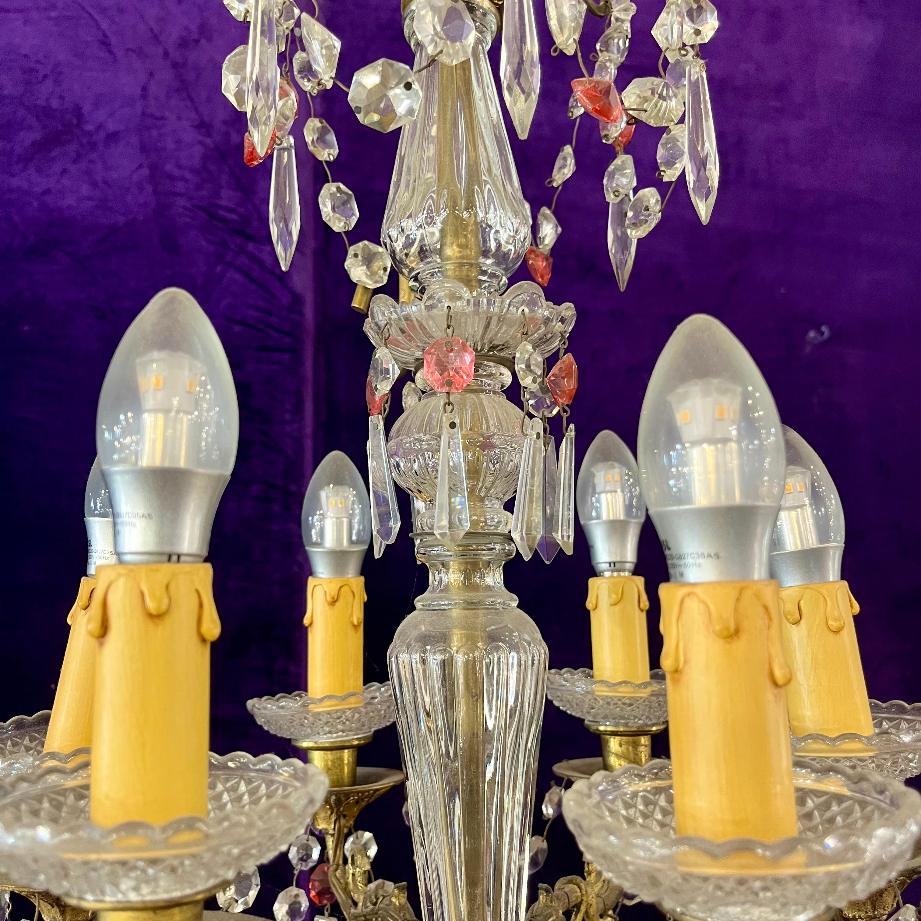 Antique Italian Brass Chandelier with Original Crystals