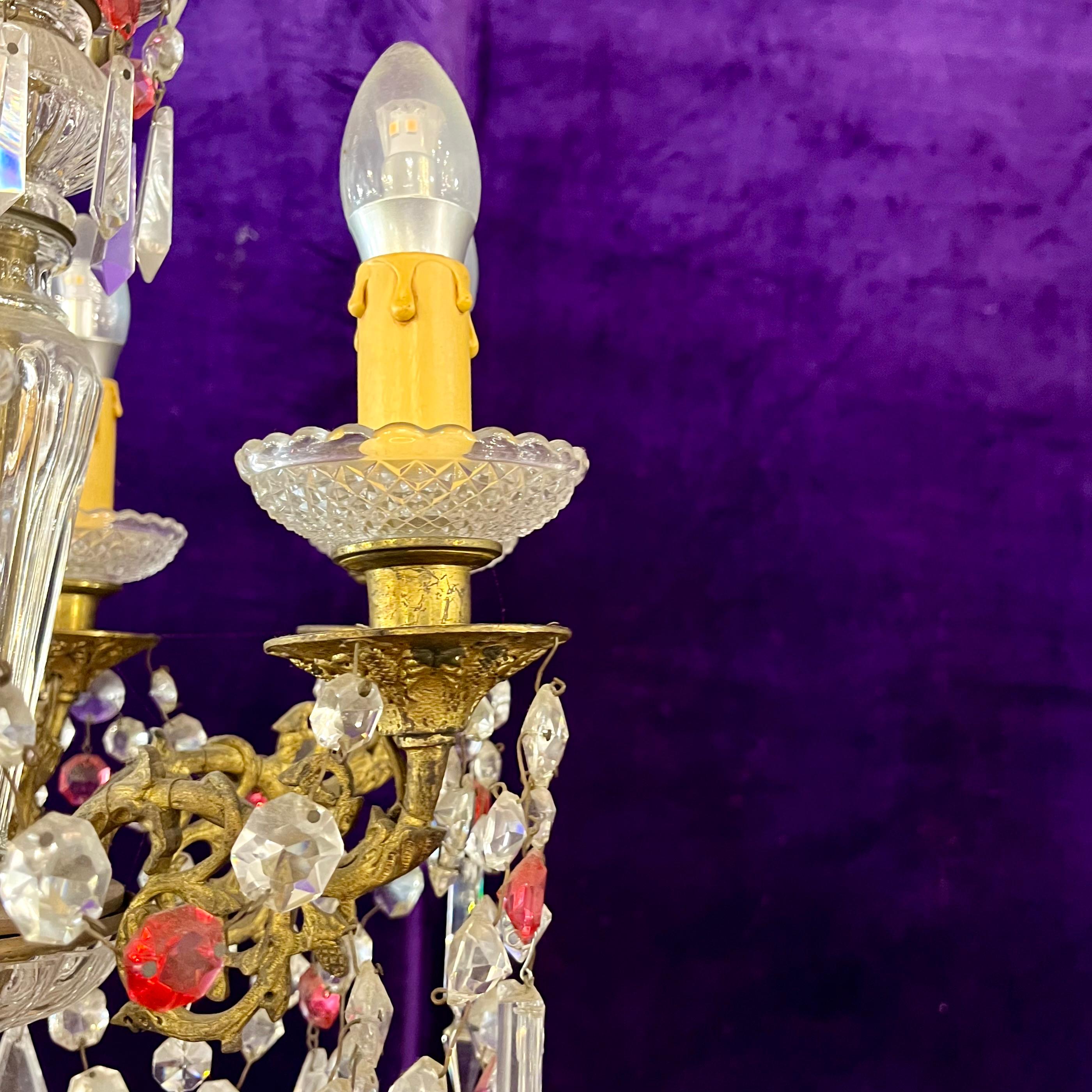 Antique Italian Brass Chandelier with Original Crystals