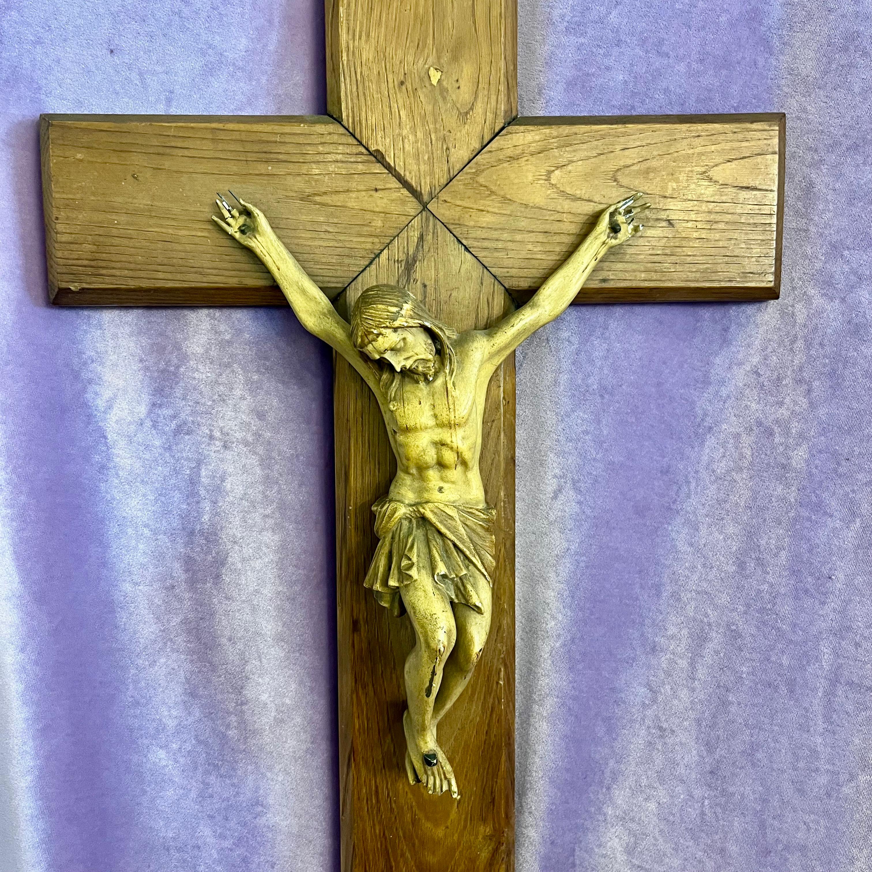 Antique Wooden Crucifix with Ivory-Toned Corpus