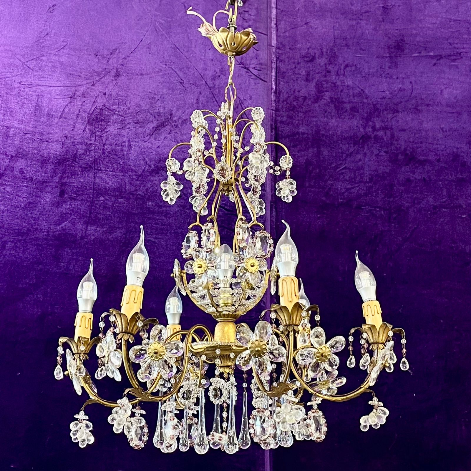 Italian Gilt Metal and Crystal Flower Chandelier, Mid-20th Century