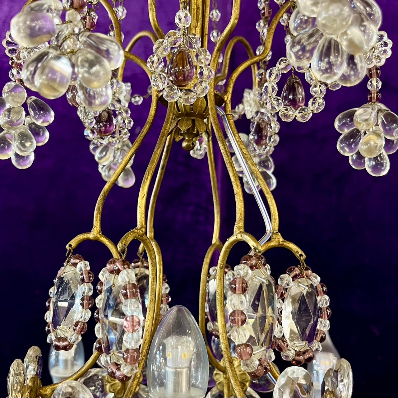 Italian Gilt Metal and Crystal Flower Chandelier, Mid-20th Century