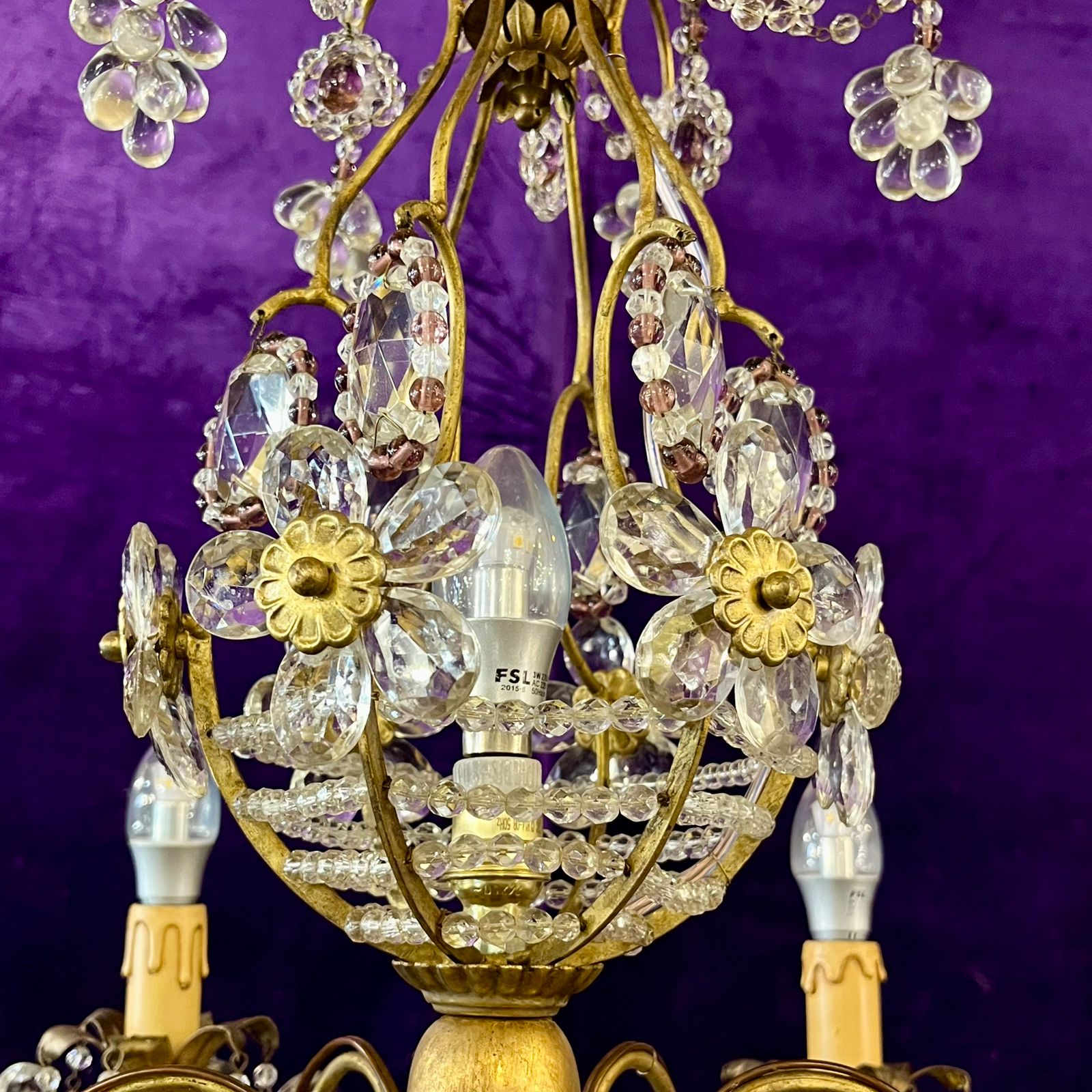 Italian Gilt Metal and Crystal Flower Chandelier, Mid-20th Century