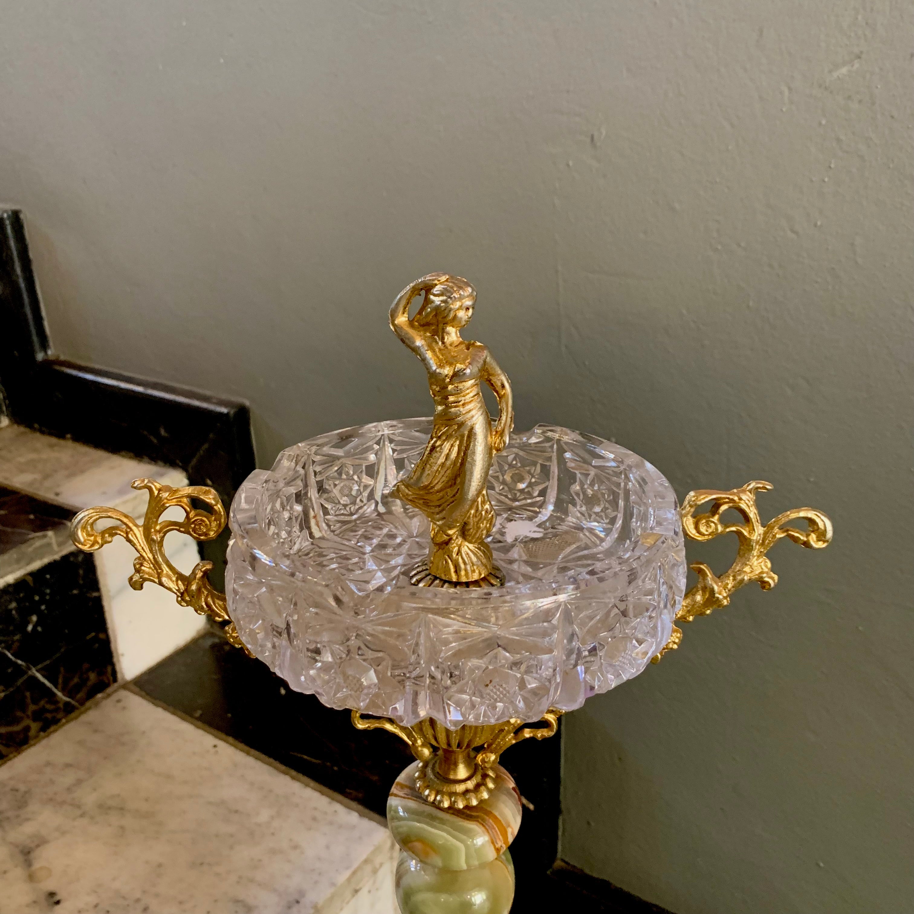 Gorgeous Antique Crystal Brass and Onyx Ashtray