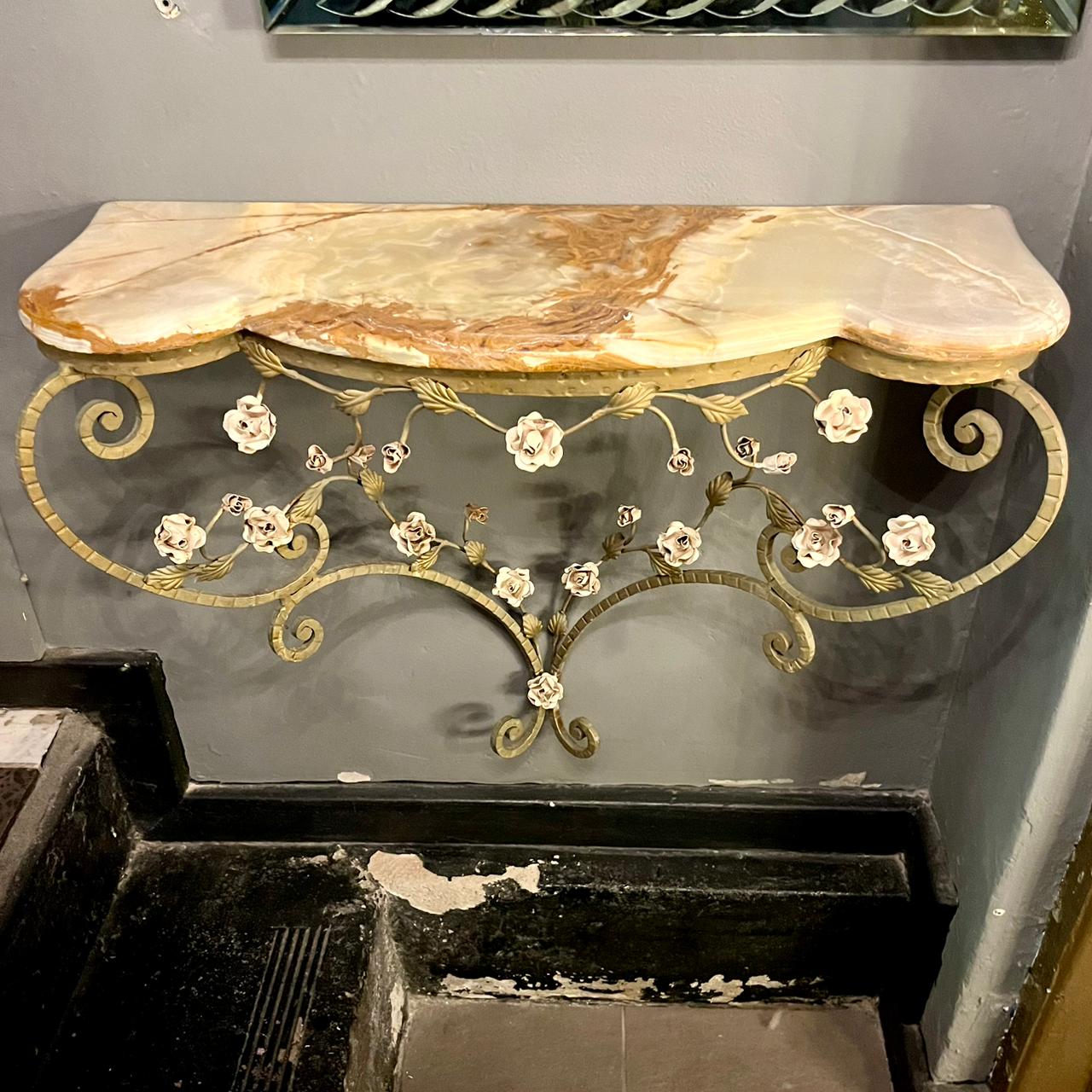 Elegant Wrought Iron Rose Adorned Console with Caramel Latte Mottled Marble top