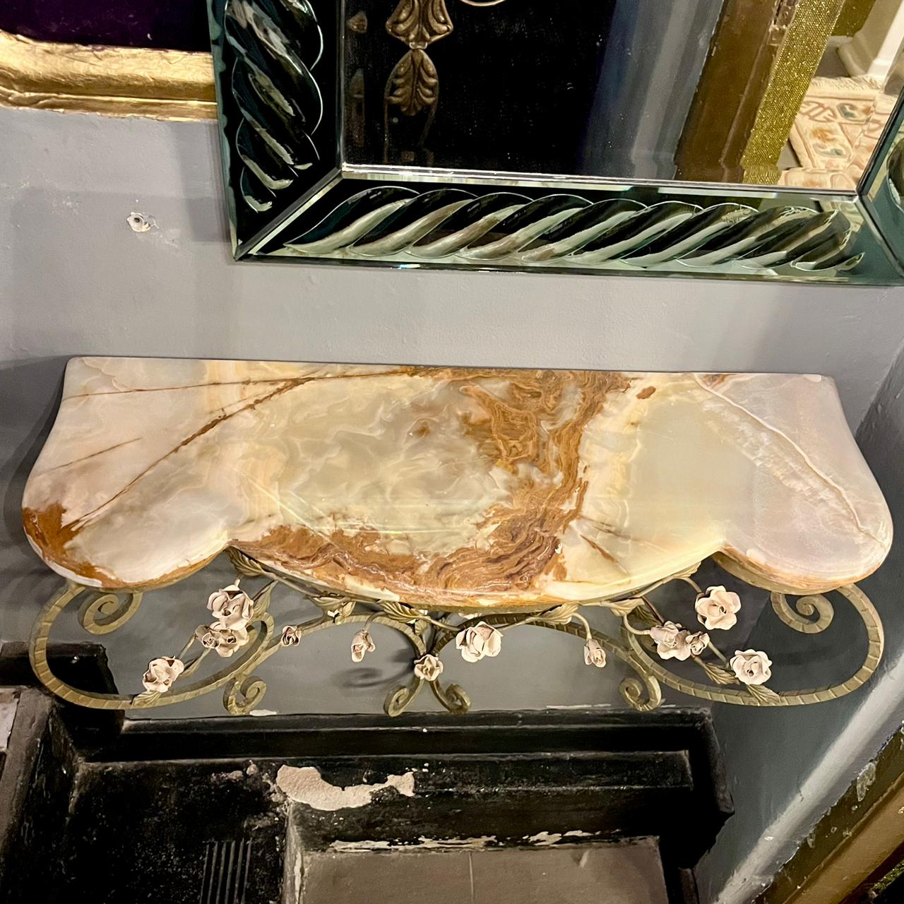 Elegant Wrought Iron Rose Adorned Console with Caramel Latte Mottled Marble top