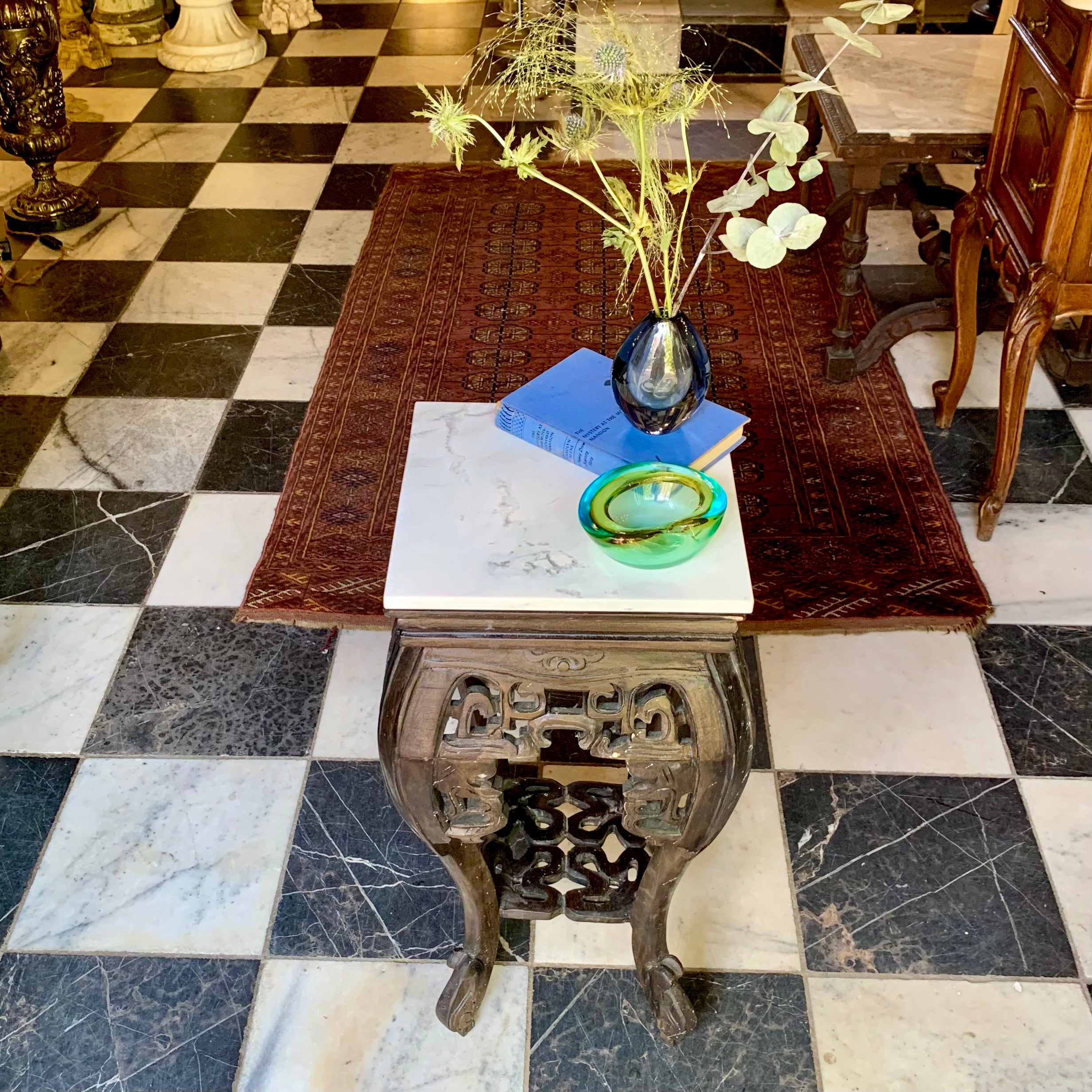 Beautiful Chinese Hand Carved Pedestal with Marble Top