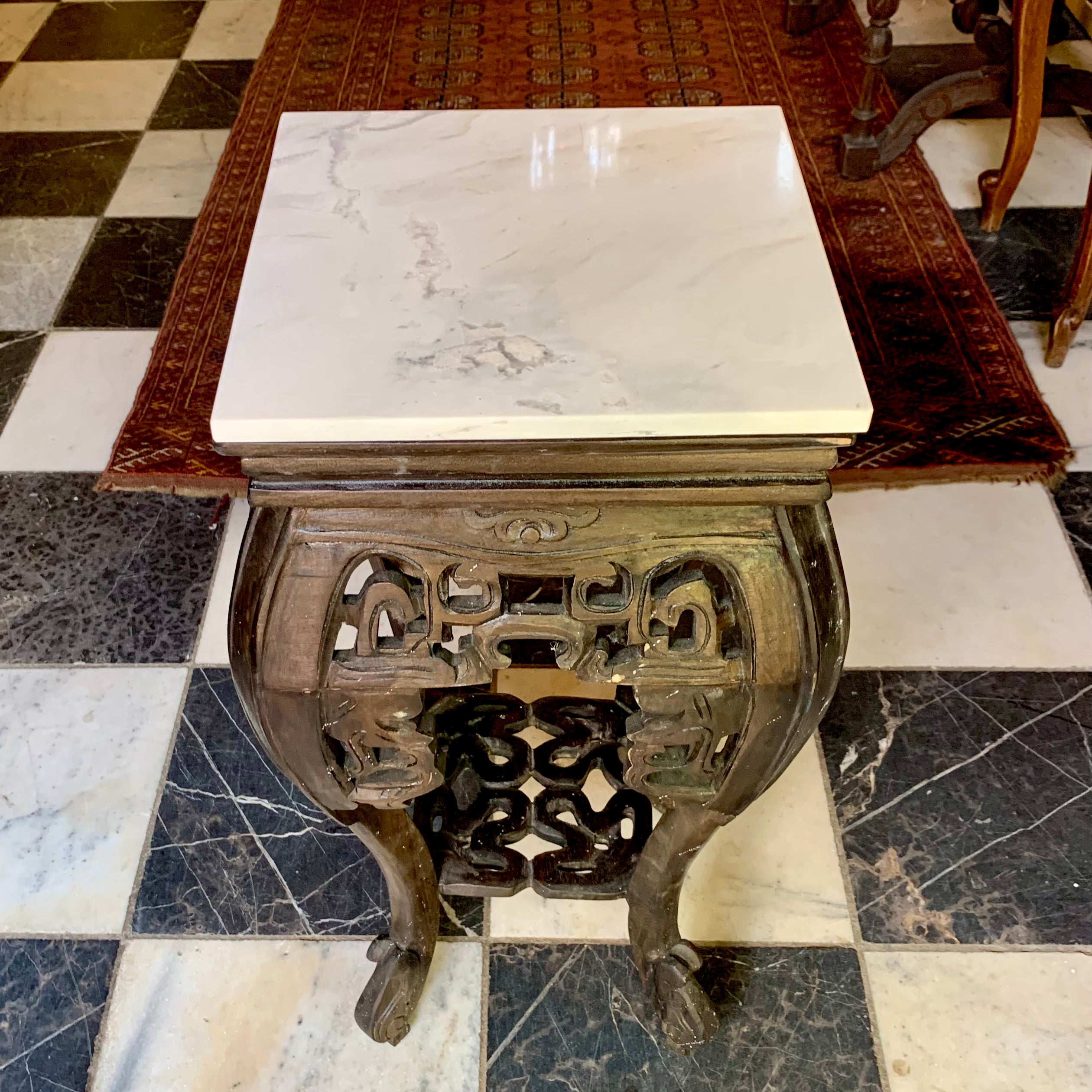 Beautiful Chinese Hand Carved Pedestal with Marble Top - SOLD