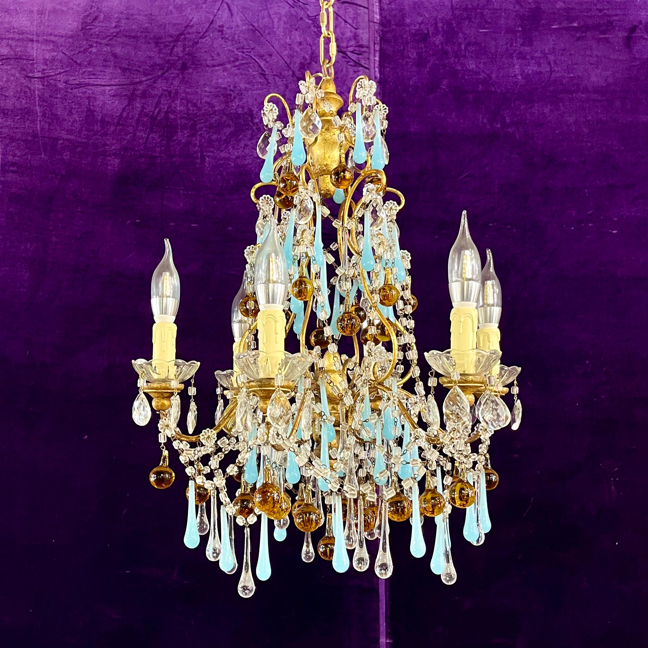 Murano Glass Chandelier with Opaline and Amber Drops, c.1950s–60s