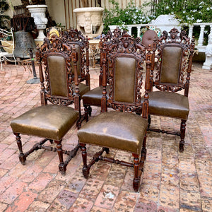 Antique French Carved Dark Oak And Leather Dining Chairs