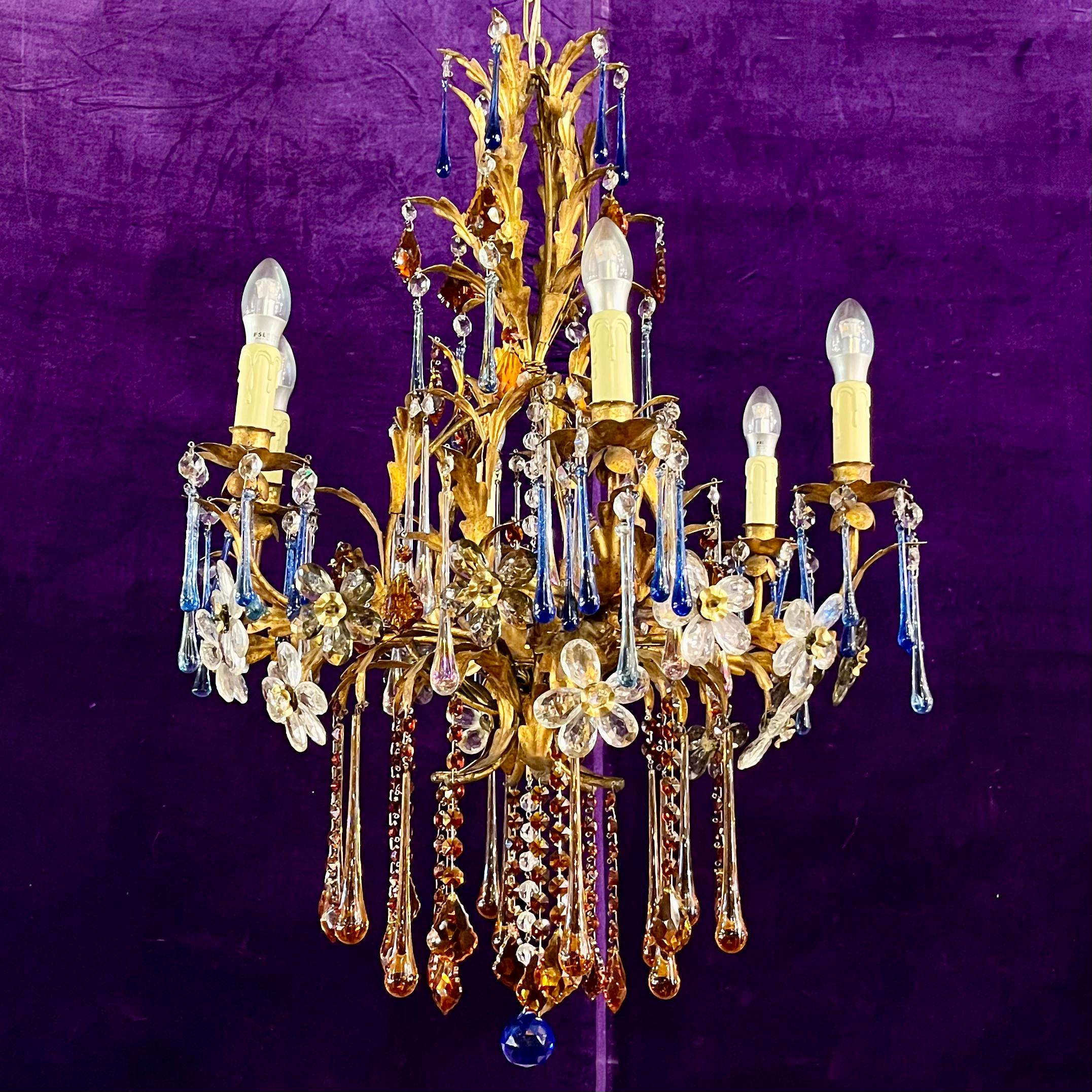 Florentine Gilt Metal Chandelier with Coloured Murano Drops, c.1950s–60s