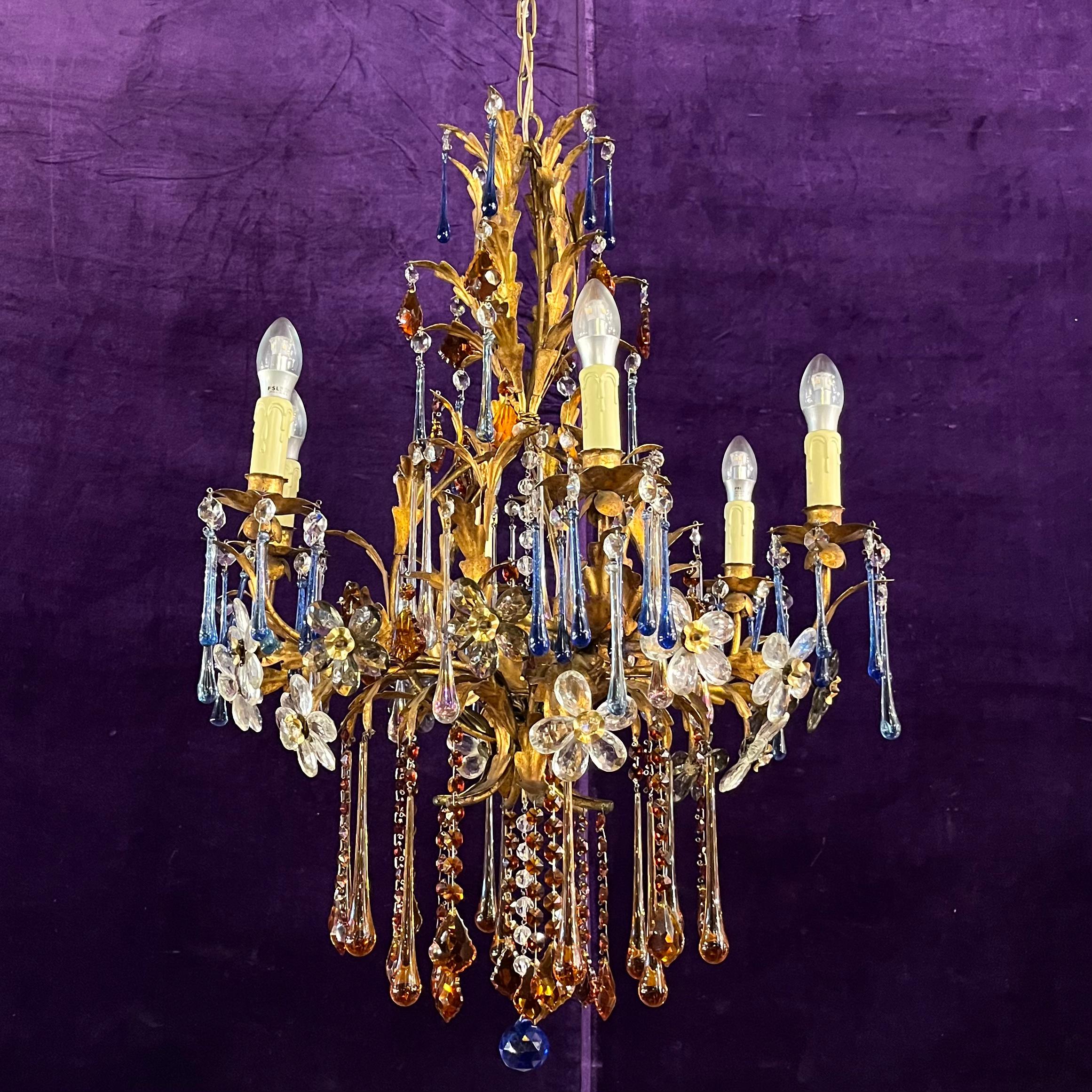 Florentine Gilt Metal Chandelier with Coloured Murano Drops, c.1950s–60s