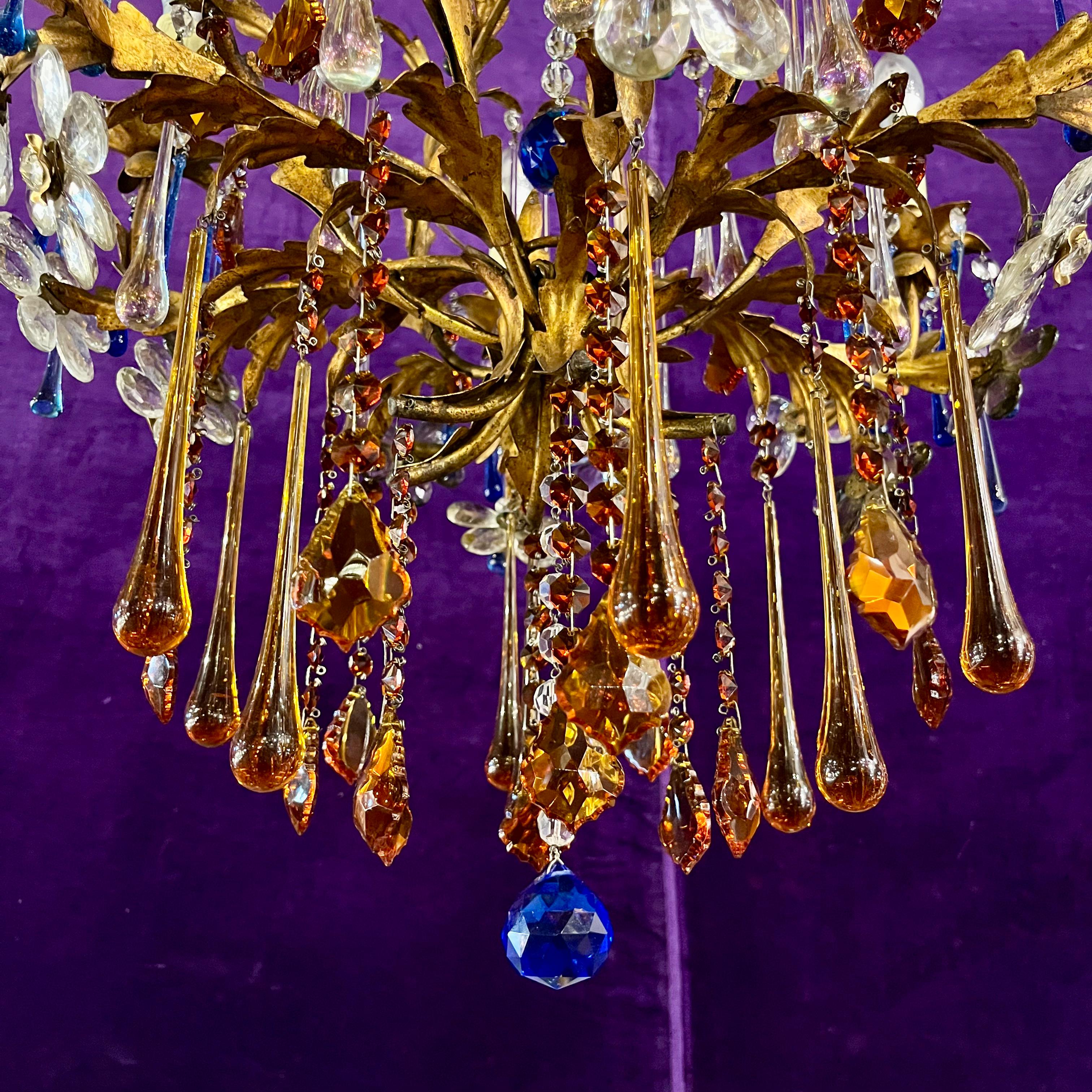 Florentine Gilt Metal Chandelier with Coloured Murano Drops, c.1950s–60s