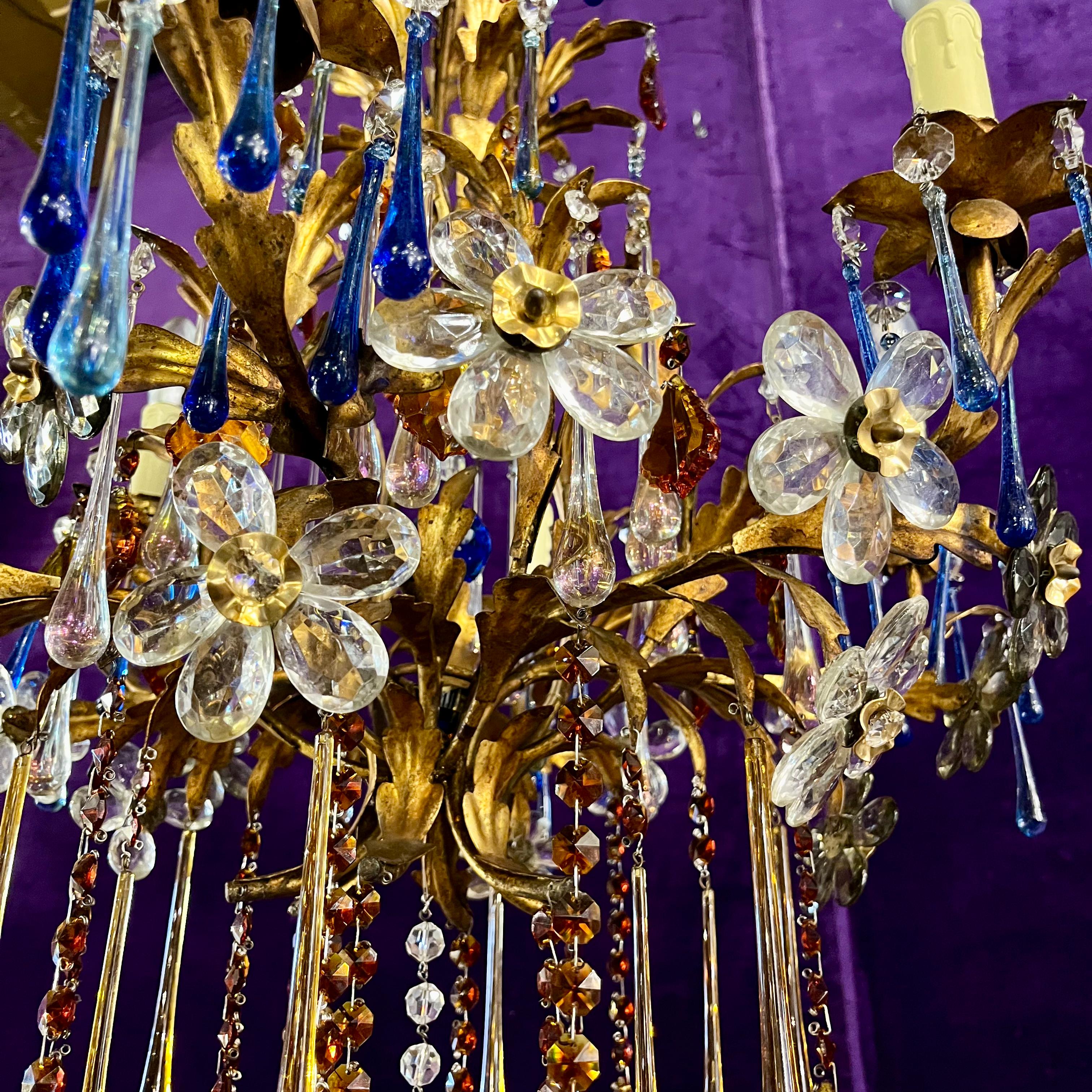 Florentine Gilt Metal Chandelier with Coloured Murano Drops, c.1950s–60s