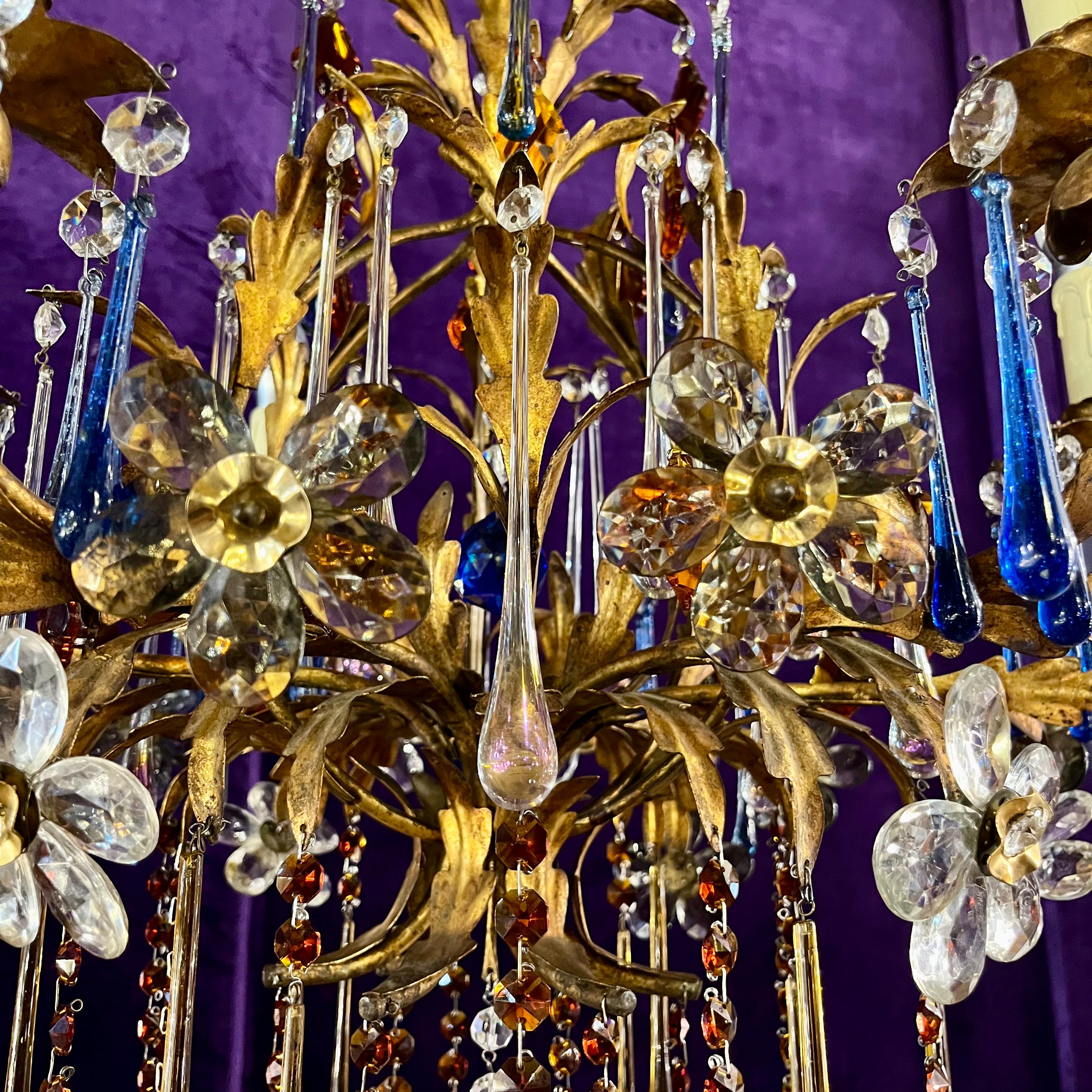 Florentine Gilt Metal Chandelier with Coloured Murano Drops, c.1950s–60s