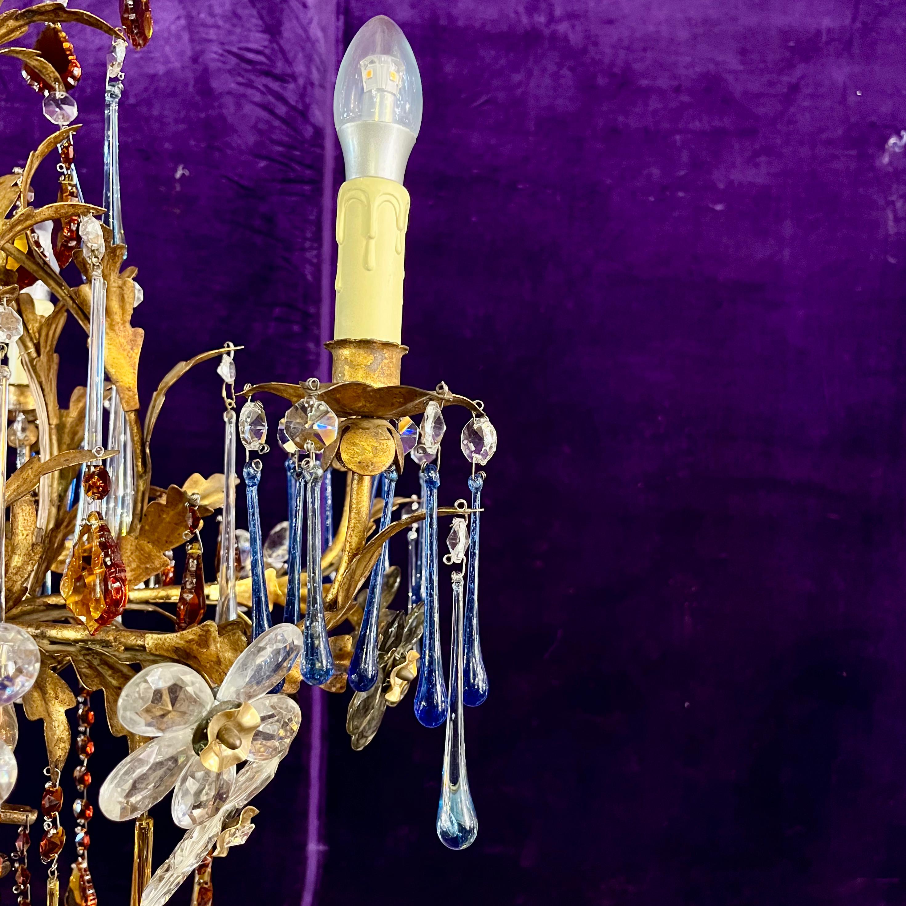 Florentine Gilt Metal Chandelier with Coloured Murano Drops, c.1950s–60s