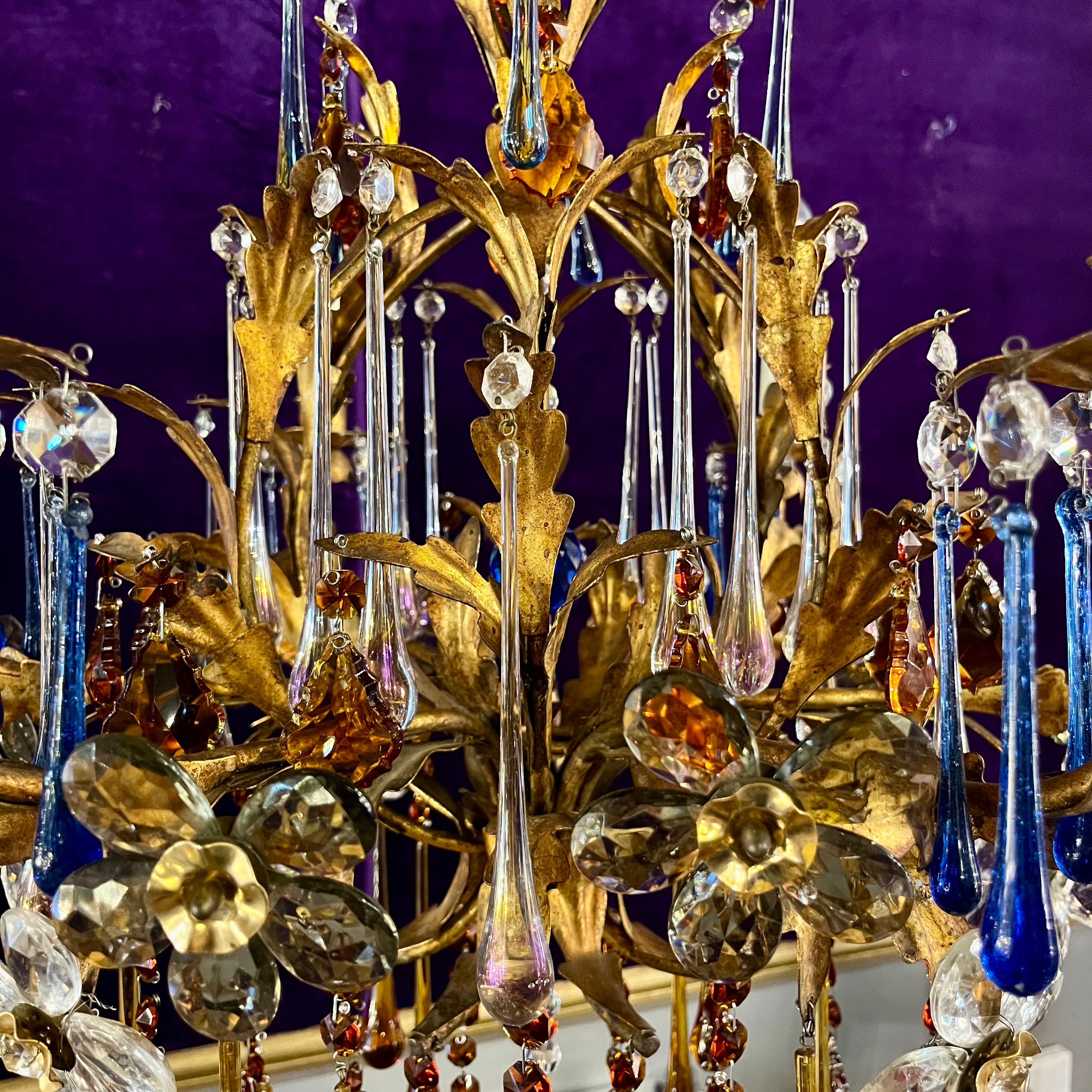 Florentine Gilt Metal Chandelier with Coloured Murano Drops, c.1950s–60s