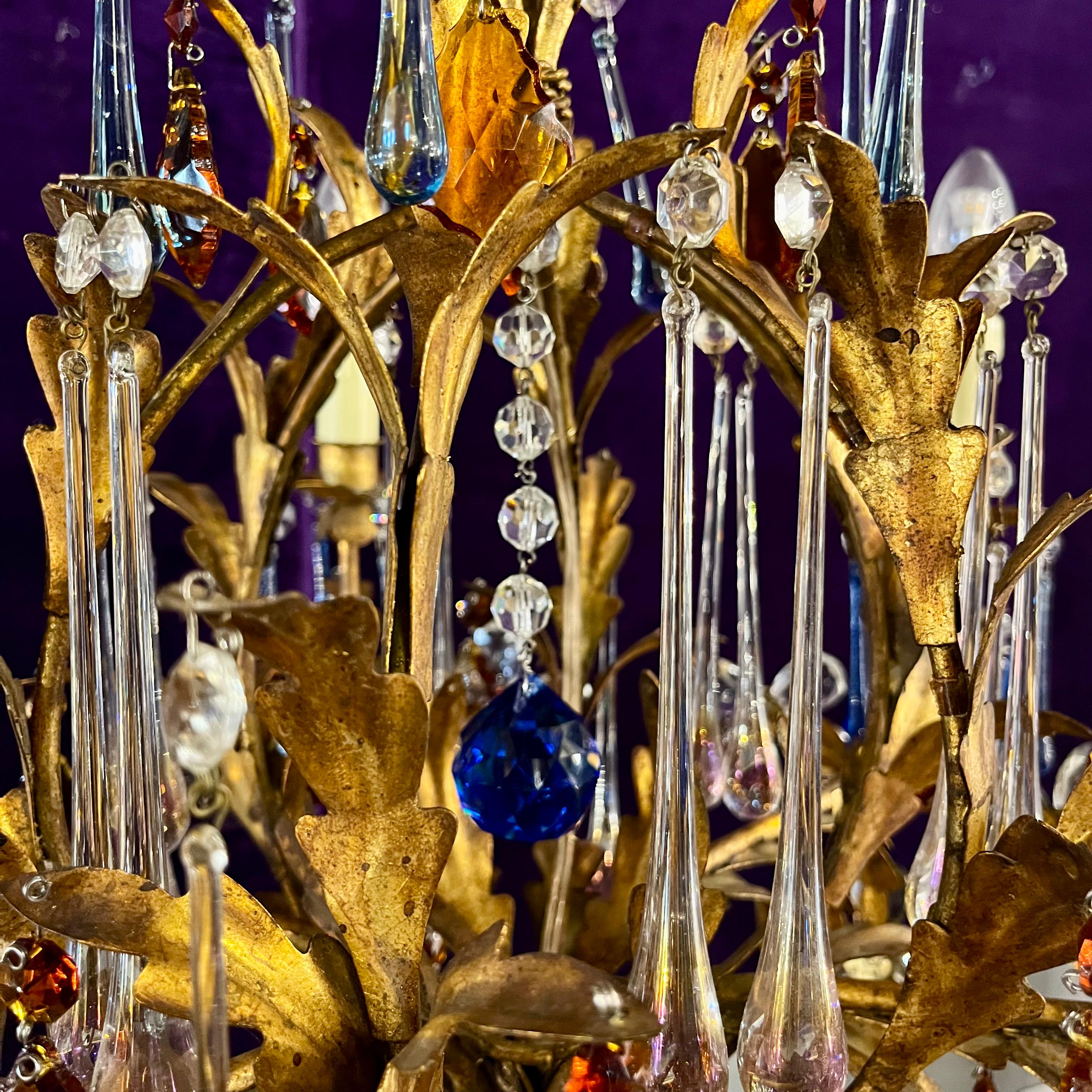 Florentine Gilt Metal Chandelier with Coloured Murano Drops, c.1950s–60s