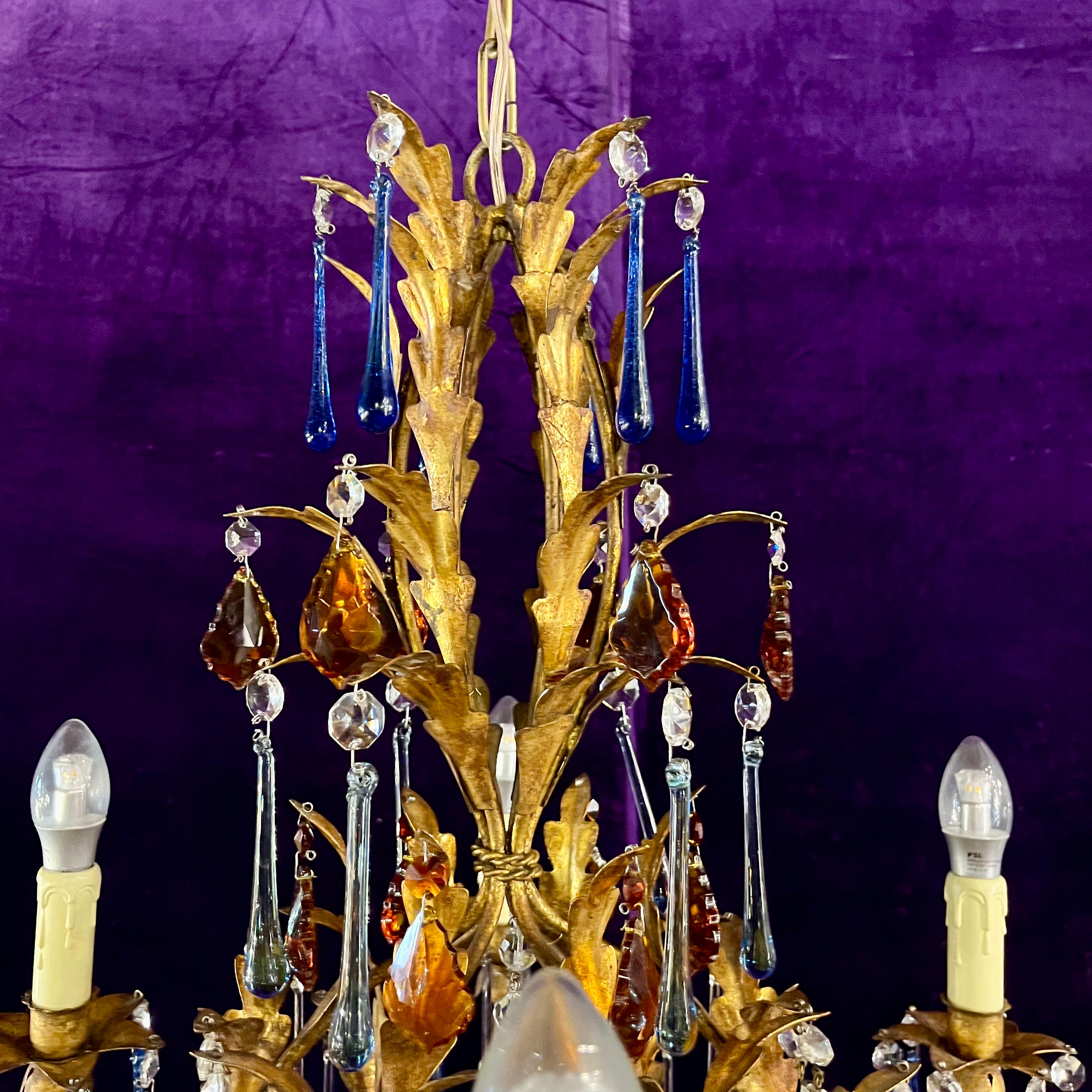 Florentine Gilt Metal Chandelier with Coloured Murano Drops, c.1950s–60s