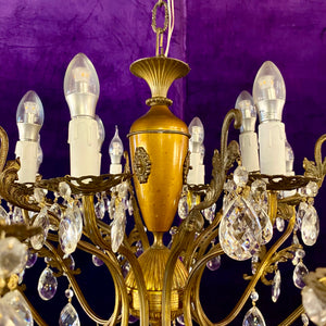 Antique Aged Brass and Crystal Chandelier