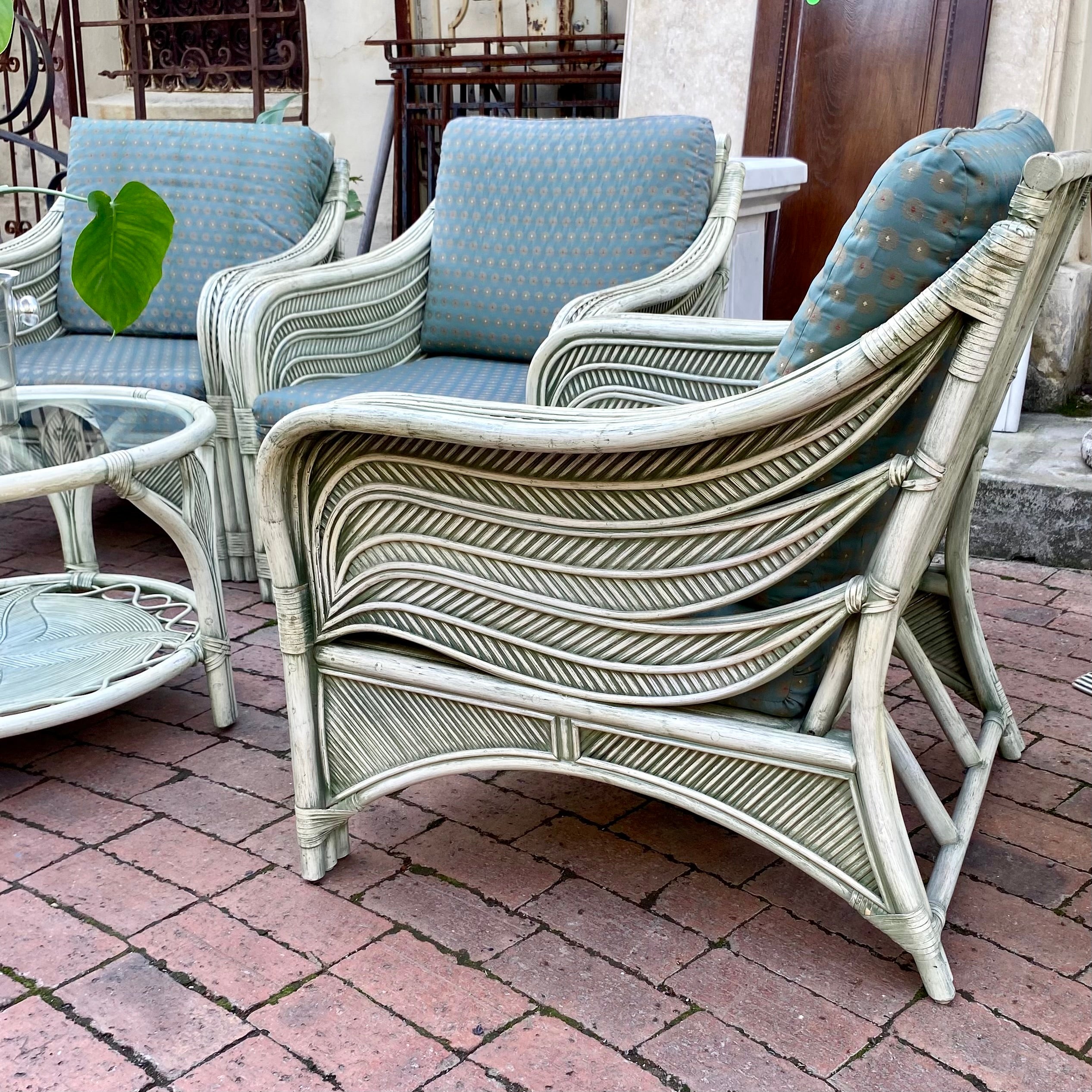 Vintage Cane Upholstered Lounger Set