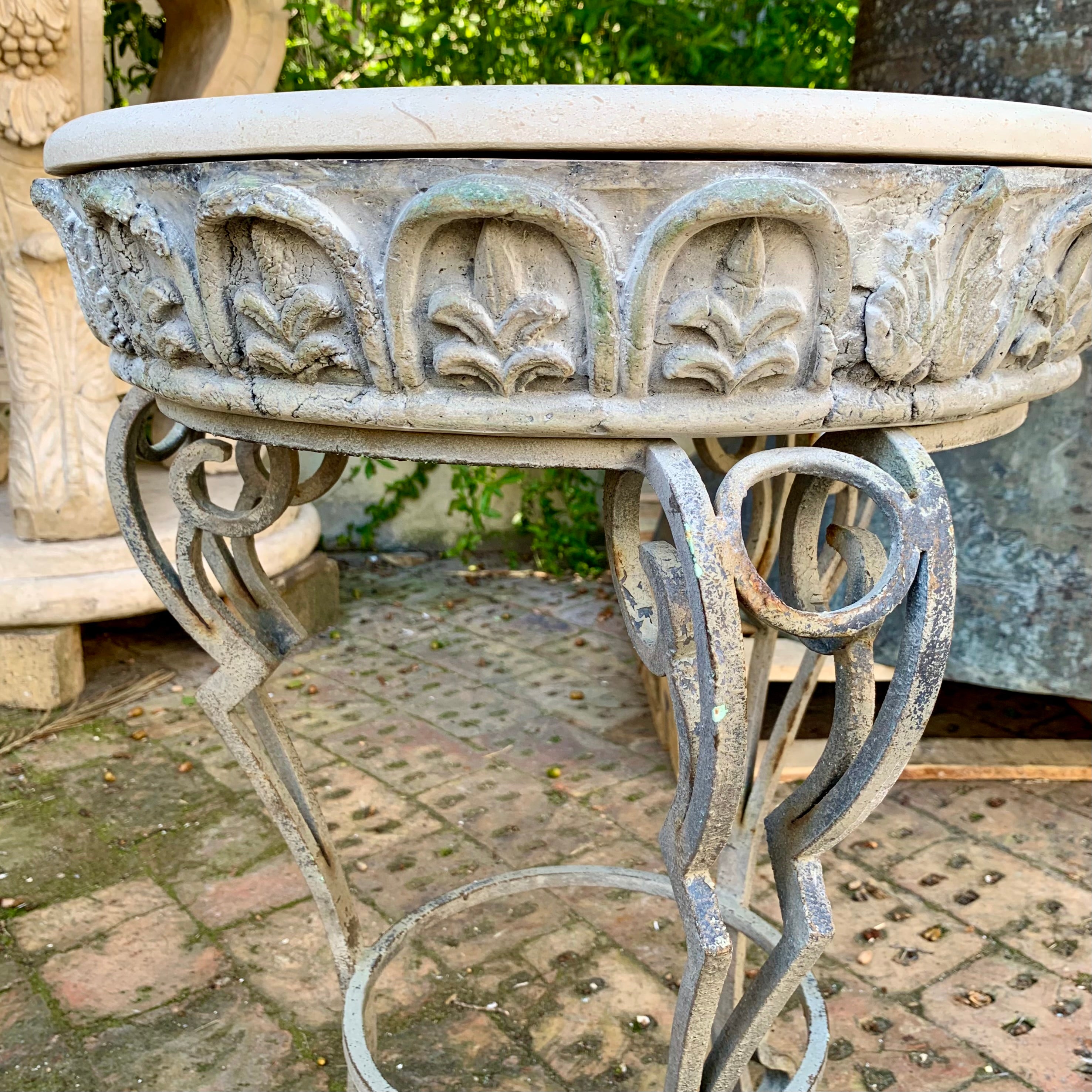 Pretty Wrought Iron and Cement Base with Marble Top Table - SOLD