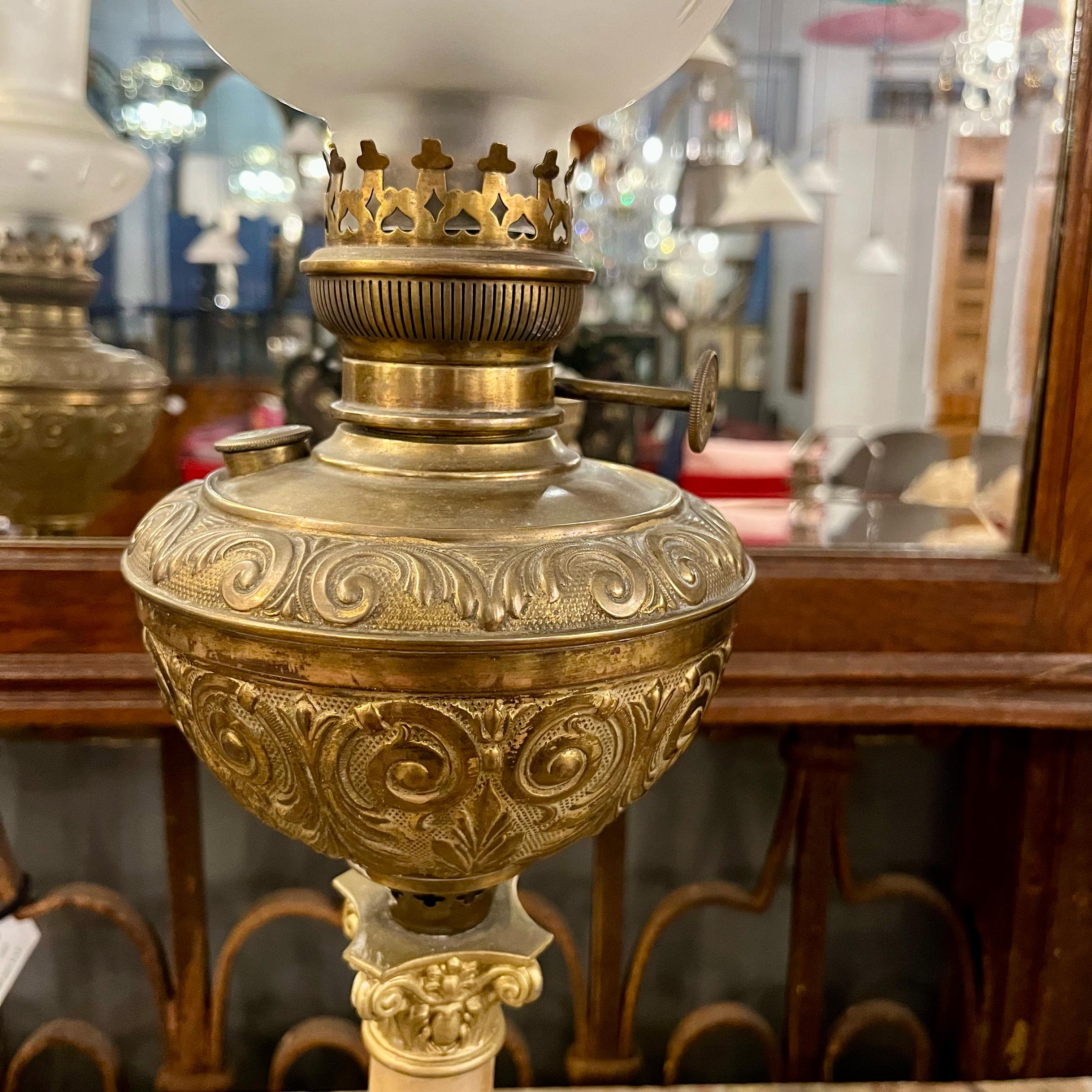 Pair of Brass and Onyx Lams with Frosted Shade