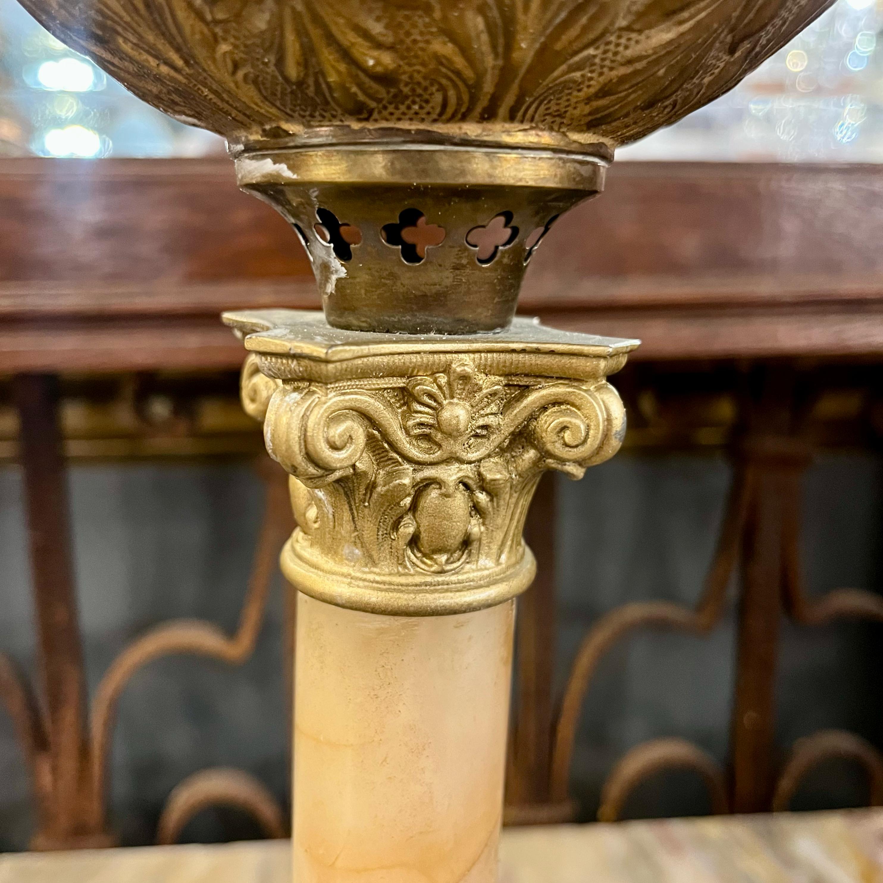 Pair of Brass and Onyx Lams with Frosted Shade