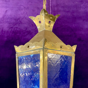 Polished Brass Lantern with Pressed Cobalt Blue Glass - SOLD