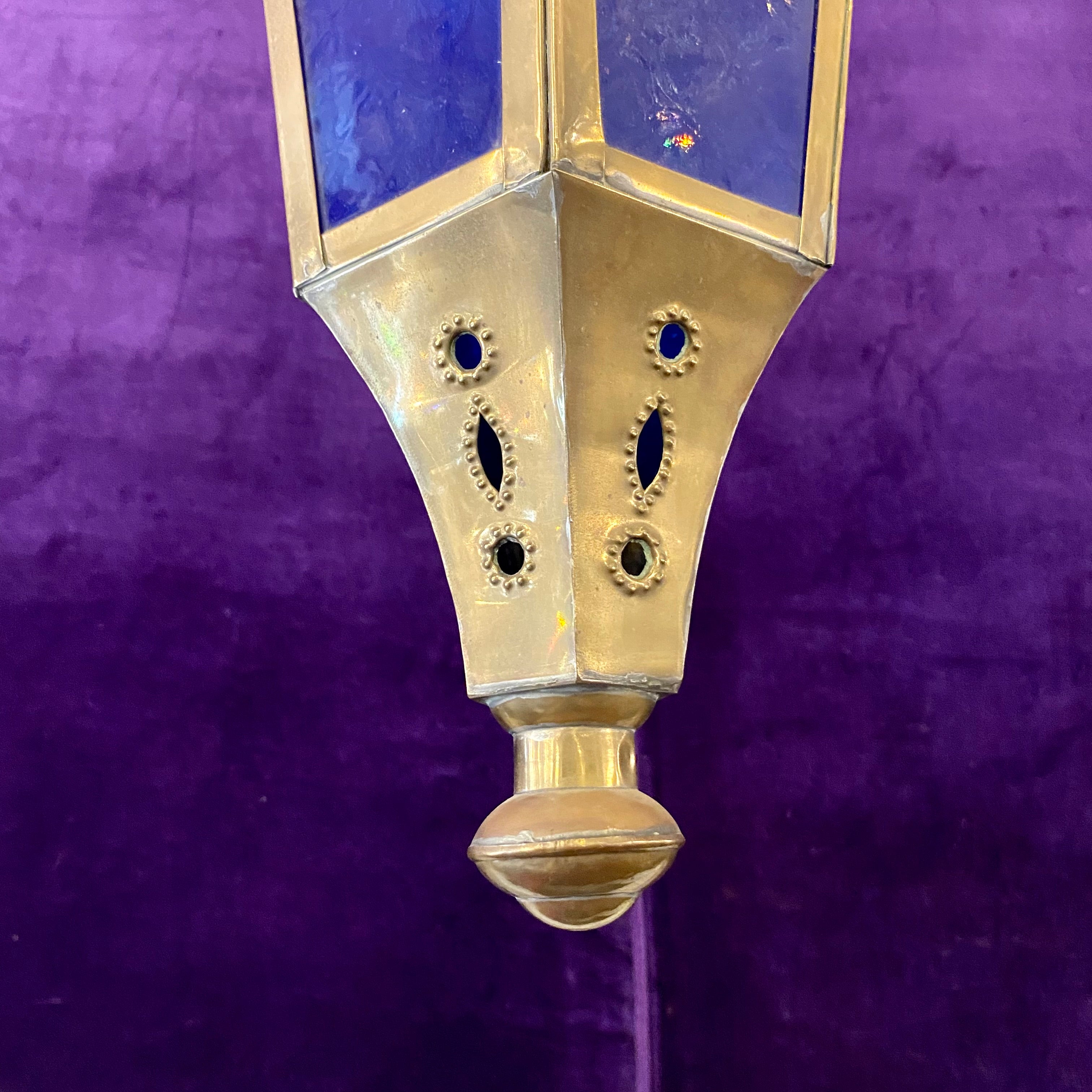 Polished Brass Lantern with Pressed Cobalt Blue Glass - SOLD