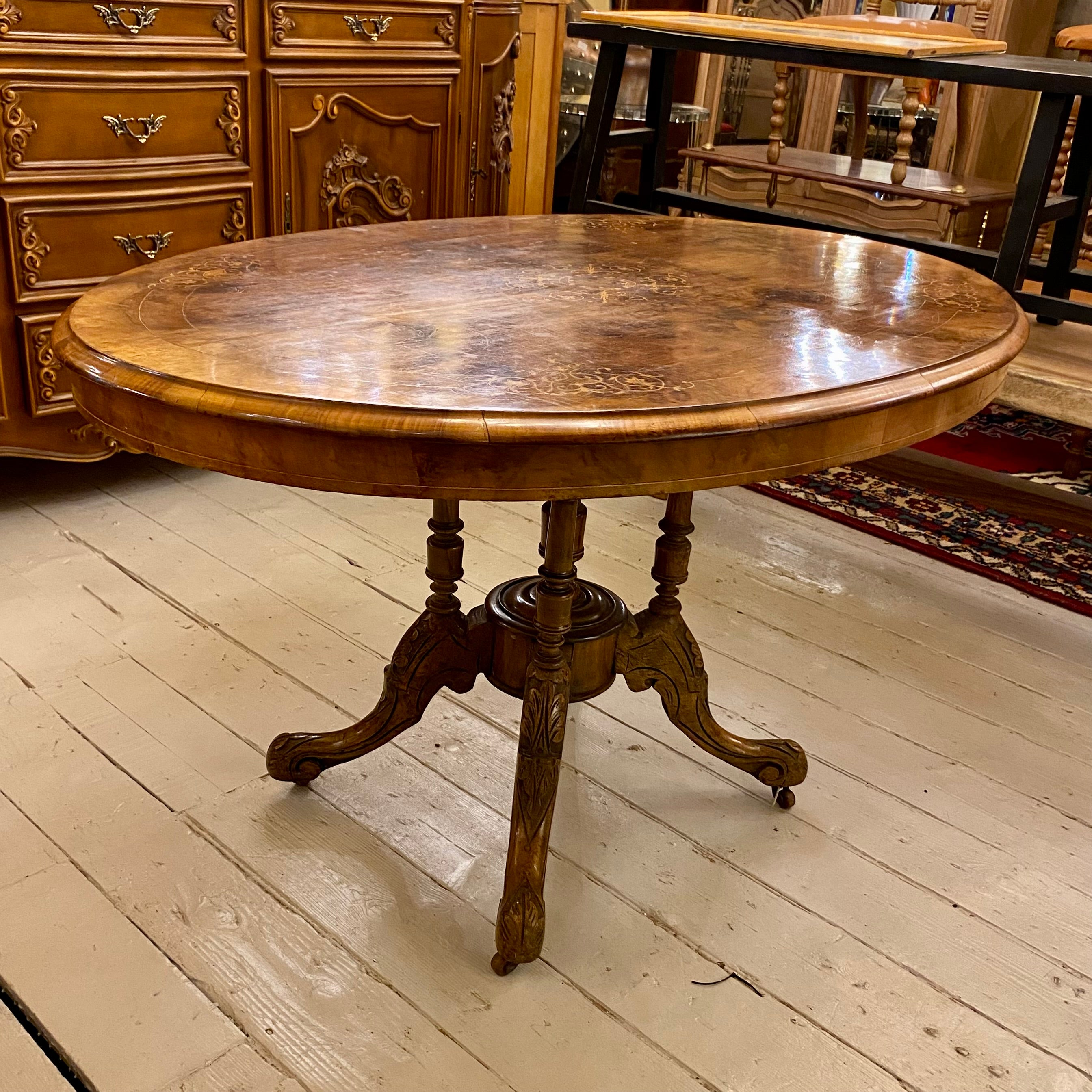 Antique Oval Burr Walnut Inlaid Dining Room Table - SOLD