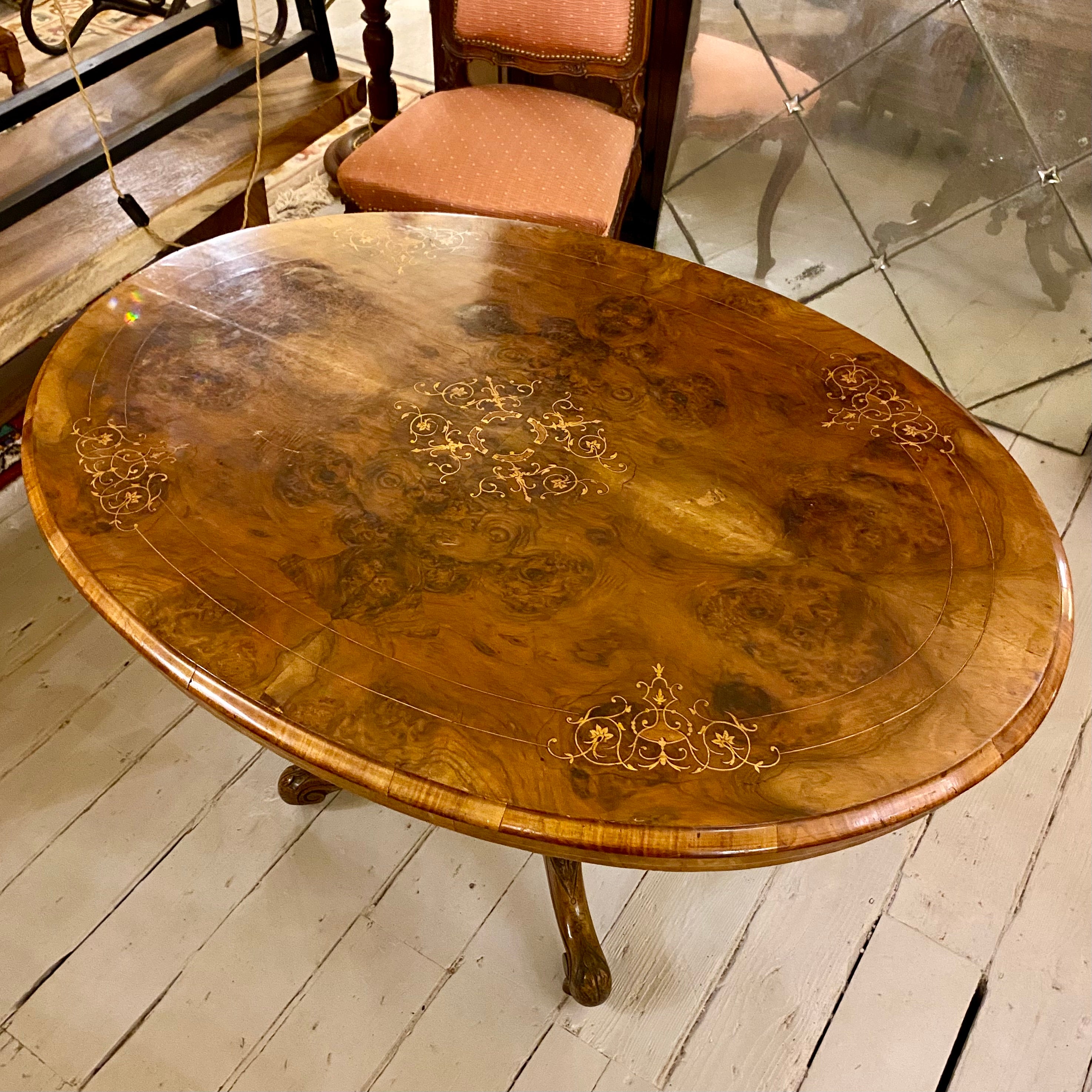 Antique Oval Burr Walnut Inlaid Dining Room Table - SOLD