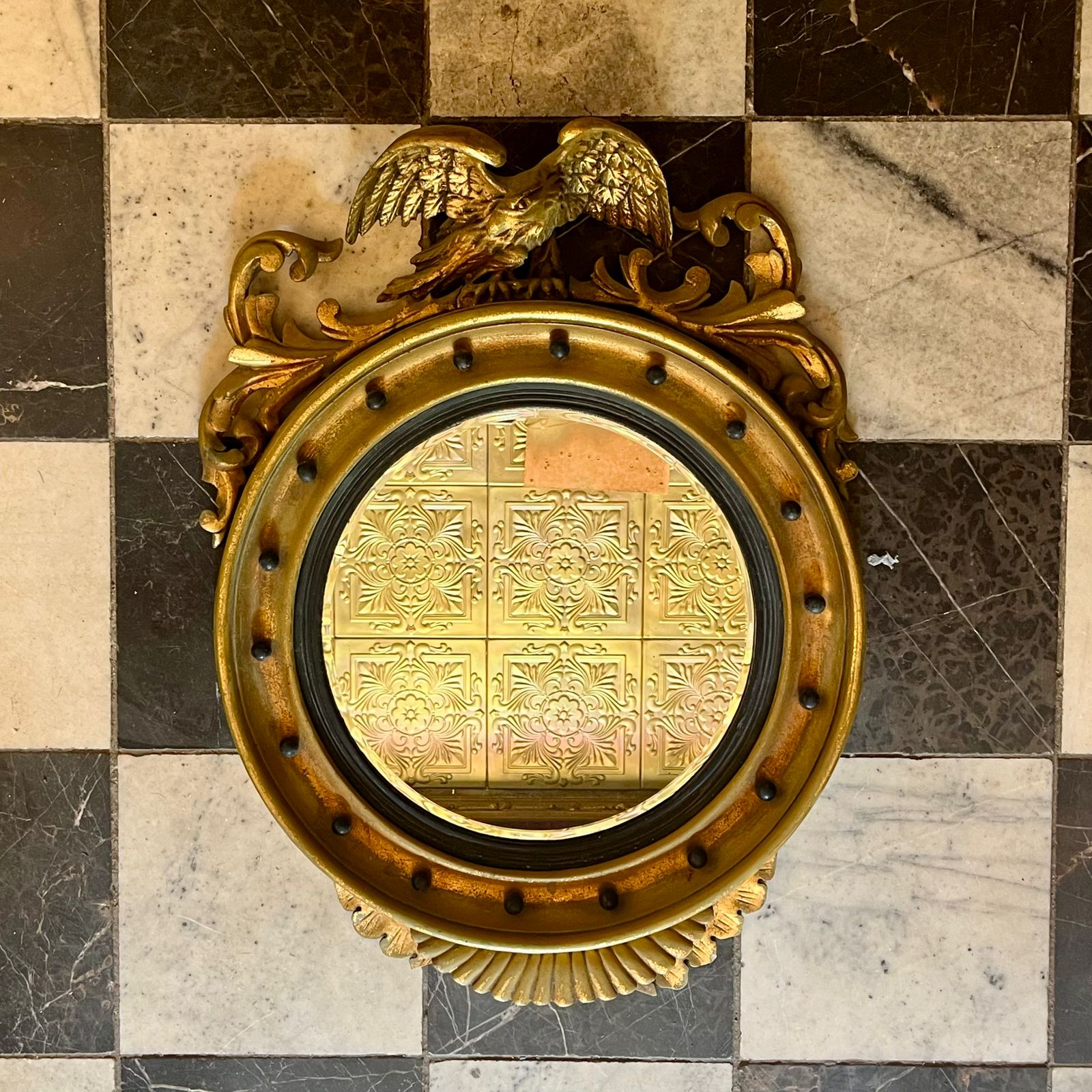 Vintage Gold Round Mirror Adorned with an Eagle