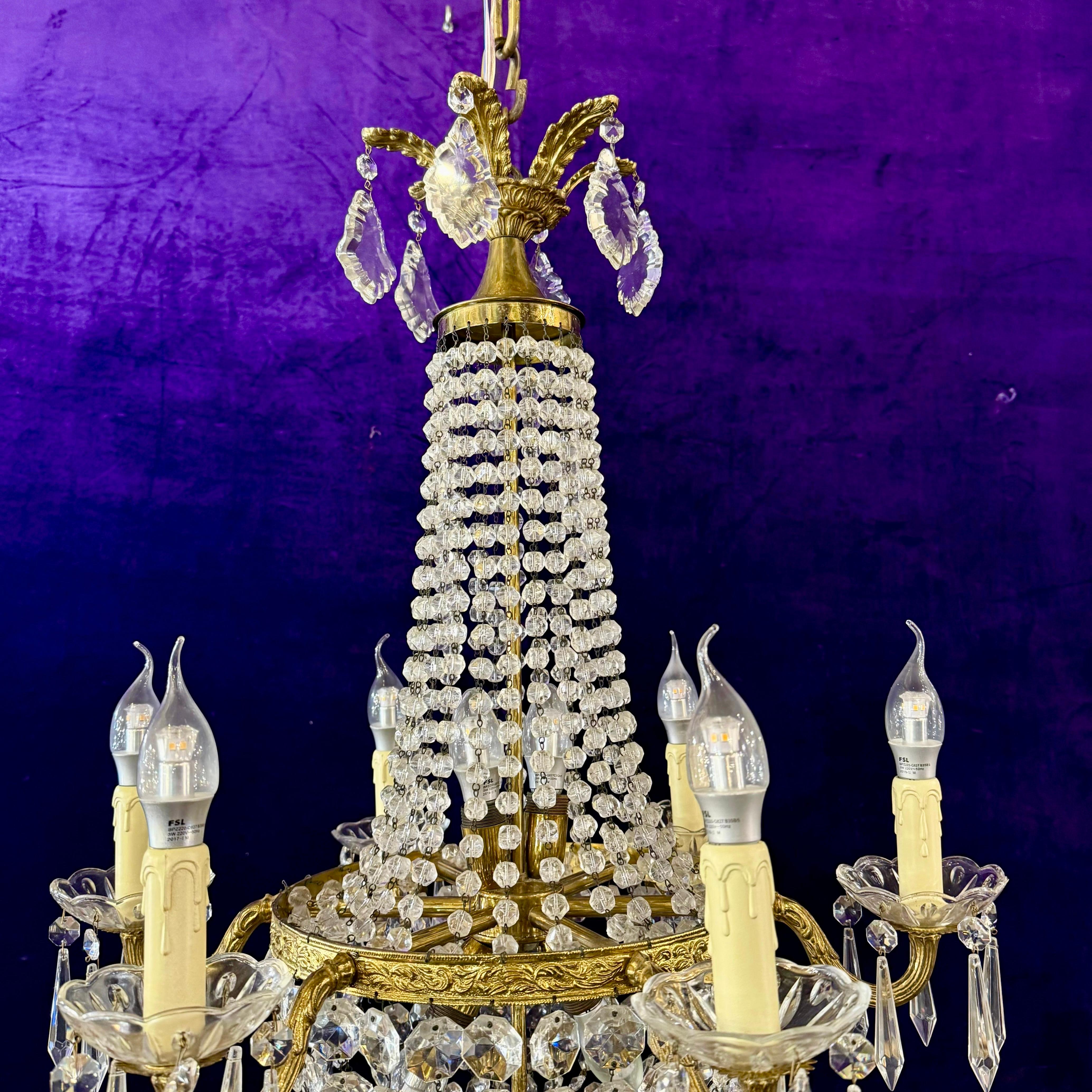 Antique French Empire-Era Neoclassical Chandelier in Gilt Brass with Original Crystals