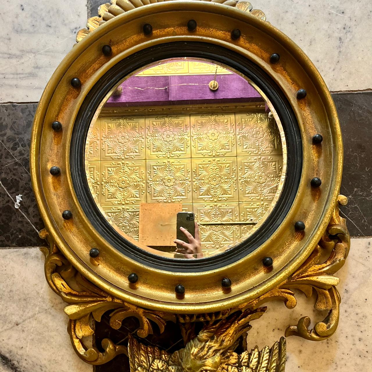 Vintage Gold Round Mirror Adorned with an Eagle