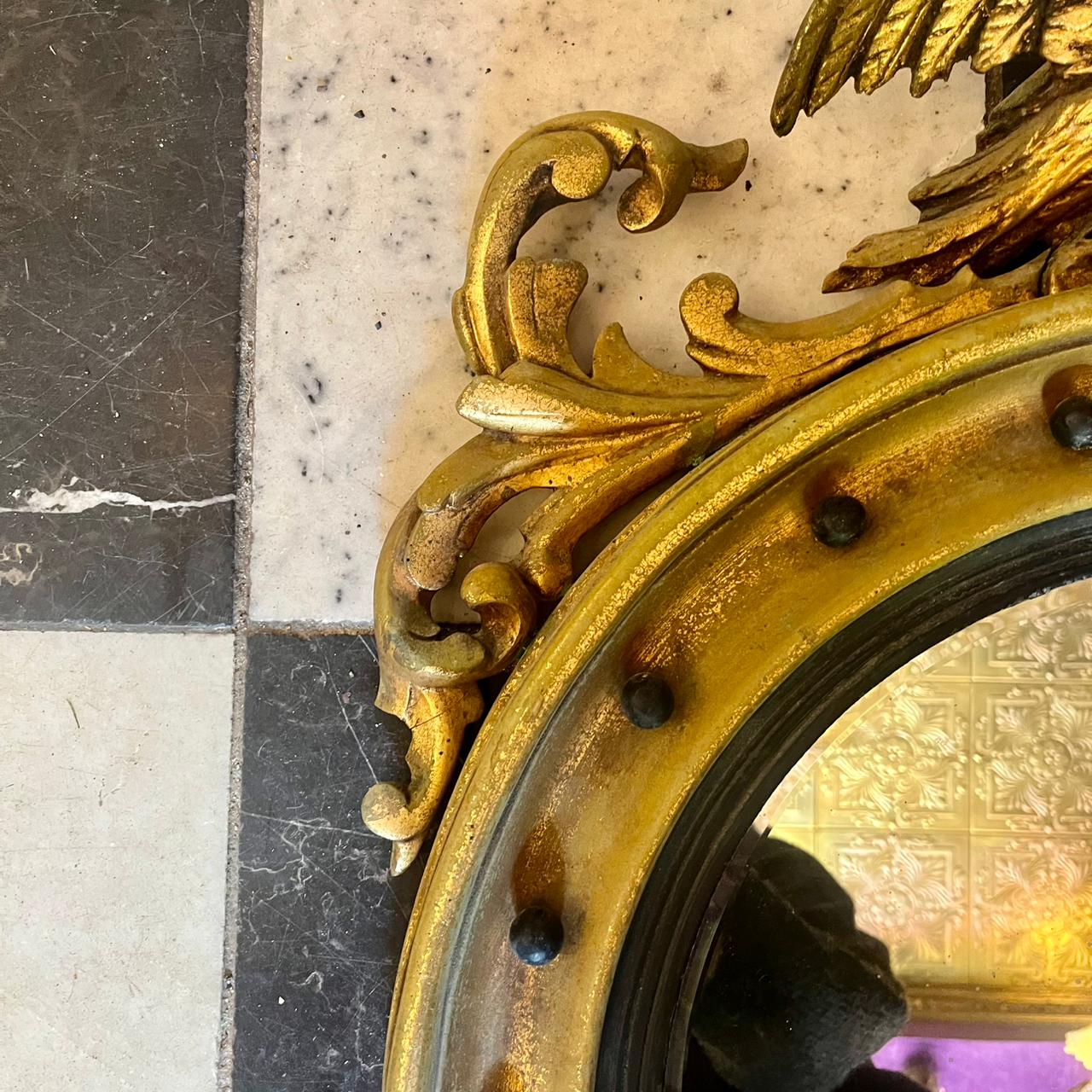 Vintage Gold Round Mirror Adorned with an Eagle