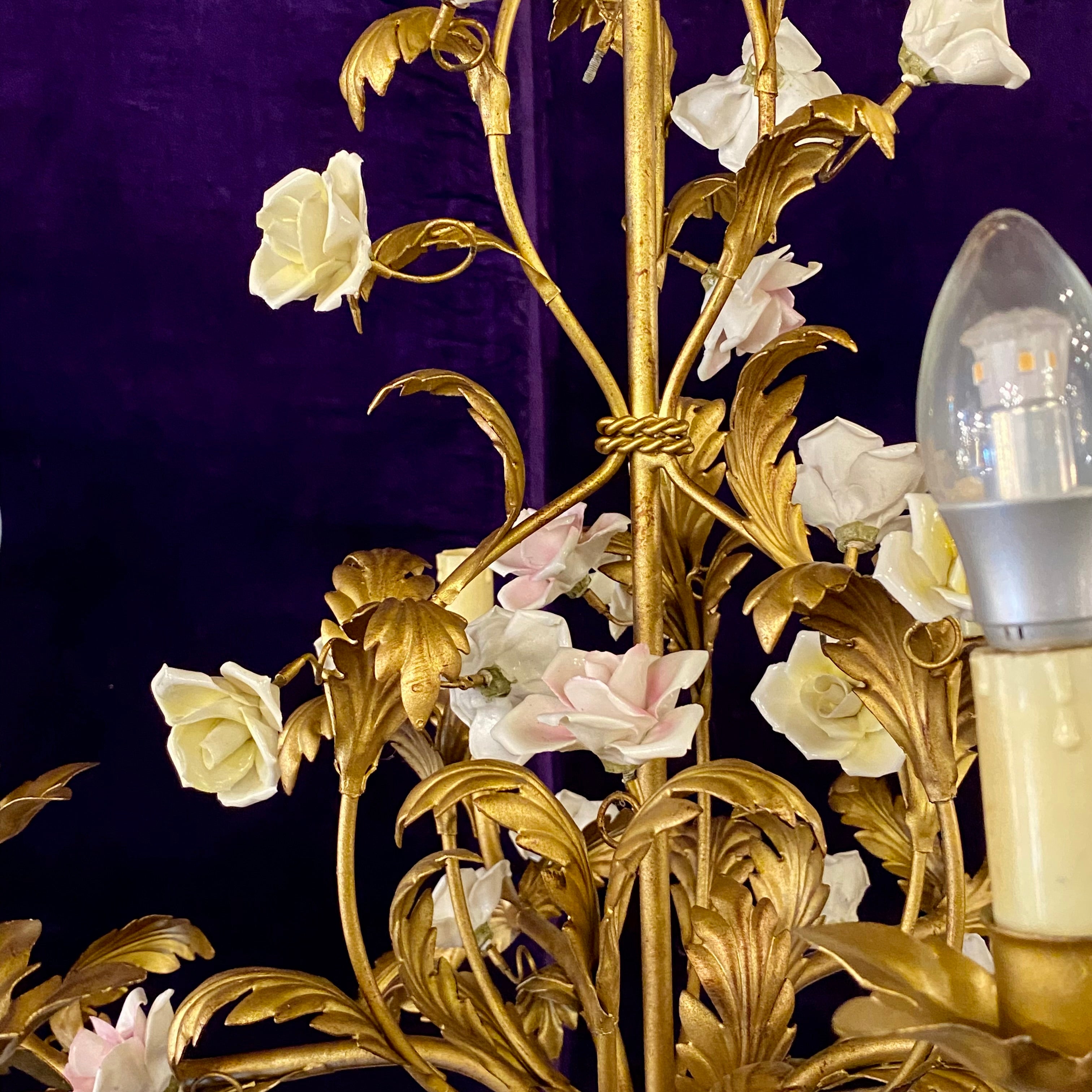 Beautiful Antique Gilt Brass Chandelier with Porcelain Flowers