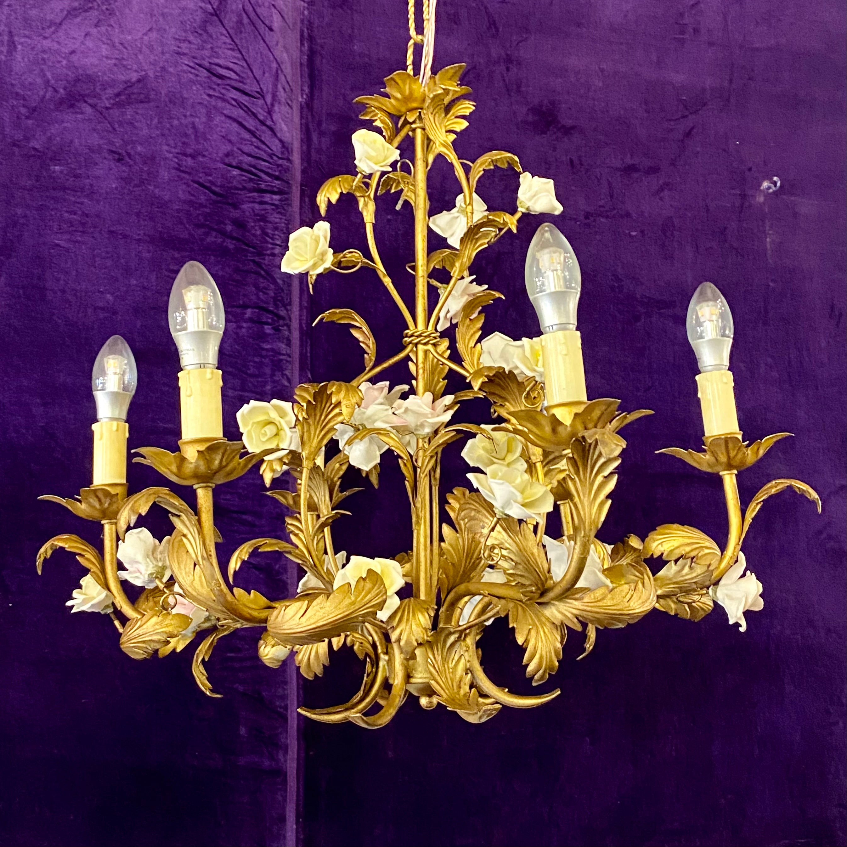 Beautiful Antique Gilt Brass Chandelier with Porcelain Flowers