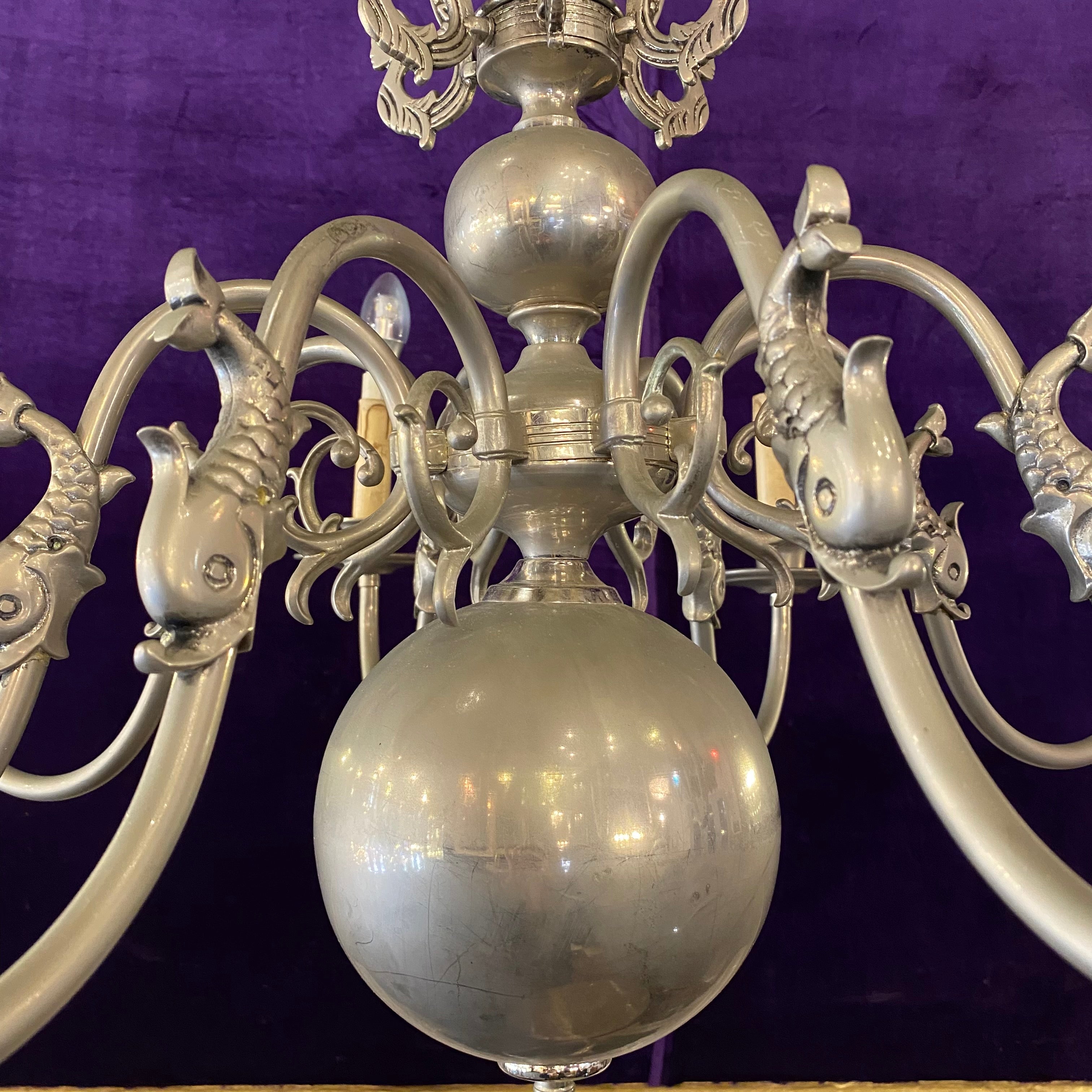 Antique Aged Nickel Flemish Chandelier with Mermen